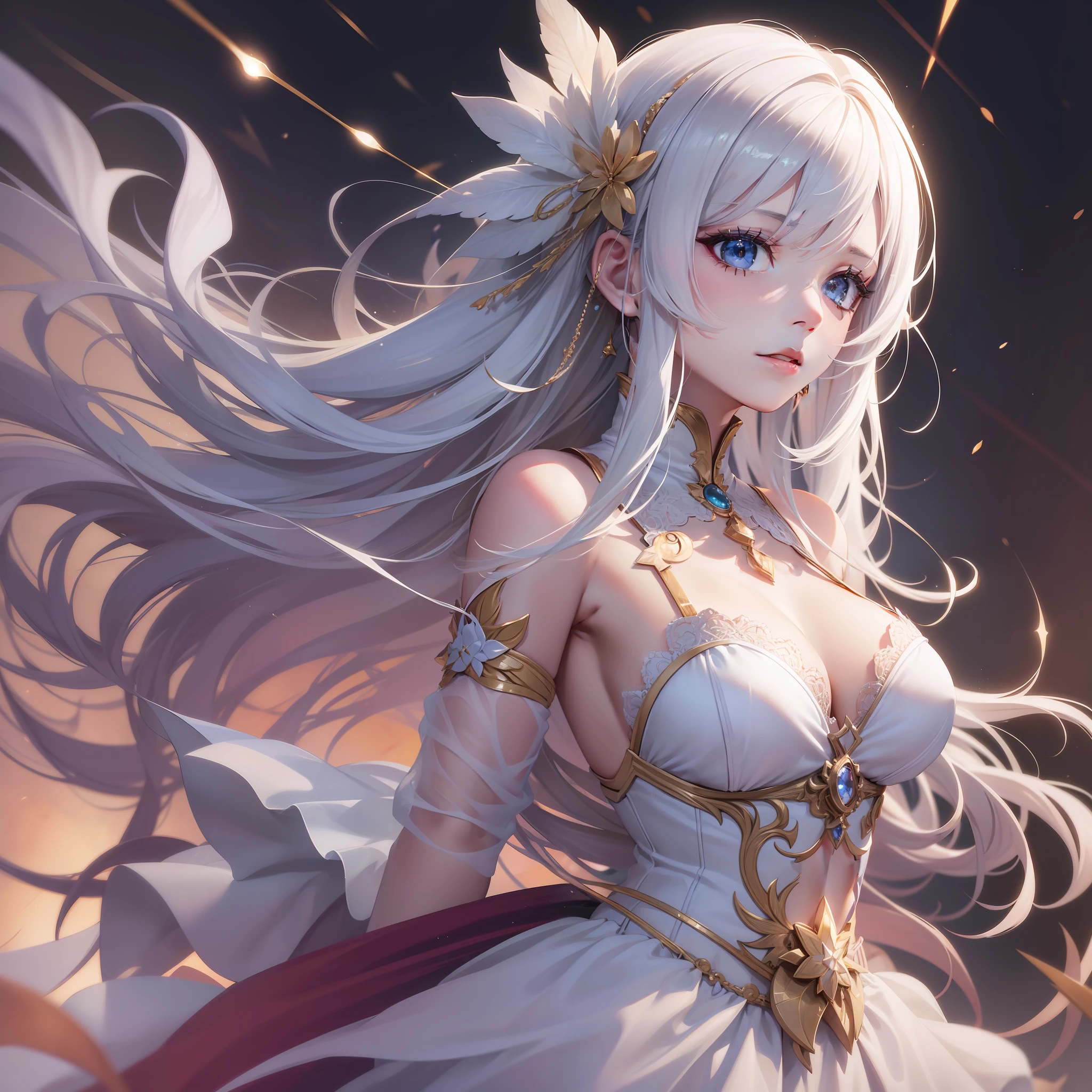 (tmasterpiece,top-quality,best qualityer,offcial art,Beauty and aesthetics:1.2),(1girll),extremy detailed,(s fractal art:1.3),rich colourful,highest details,s the perfect face,Full body photo,hdr,(Short white dress:1.2),galaxias,(light stre),striking visual effects,(dynamic streaks,Luminous trajectory:1.2),vivd colour,(White ta high heels:1.2),超高分辨率,Photoreality,rays of sunshine,full-body portraits,stunningly beautiful,,dynamicposes,delicated face,Vibrant eyes,opulent,milkyW,Highly detailed skin,Realistic details of skin,Visible Pore,tack sharp focus,volume fog,8K UHD,Digital SLR