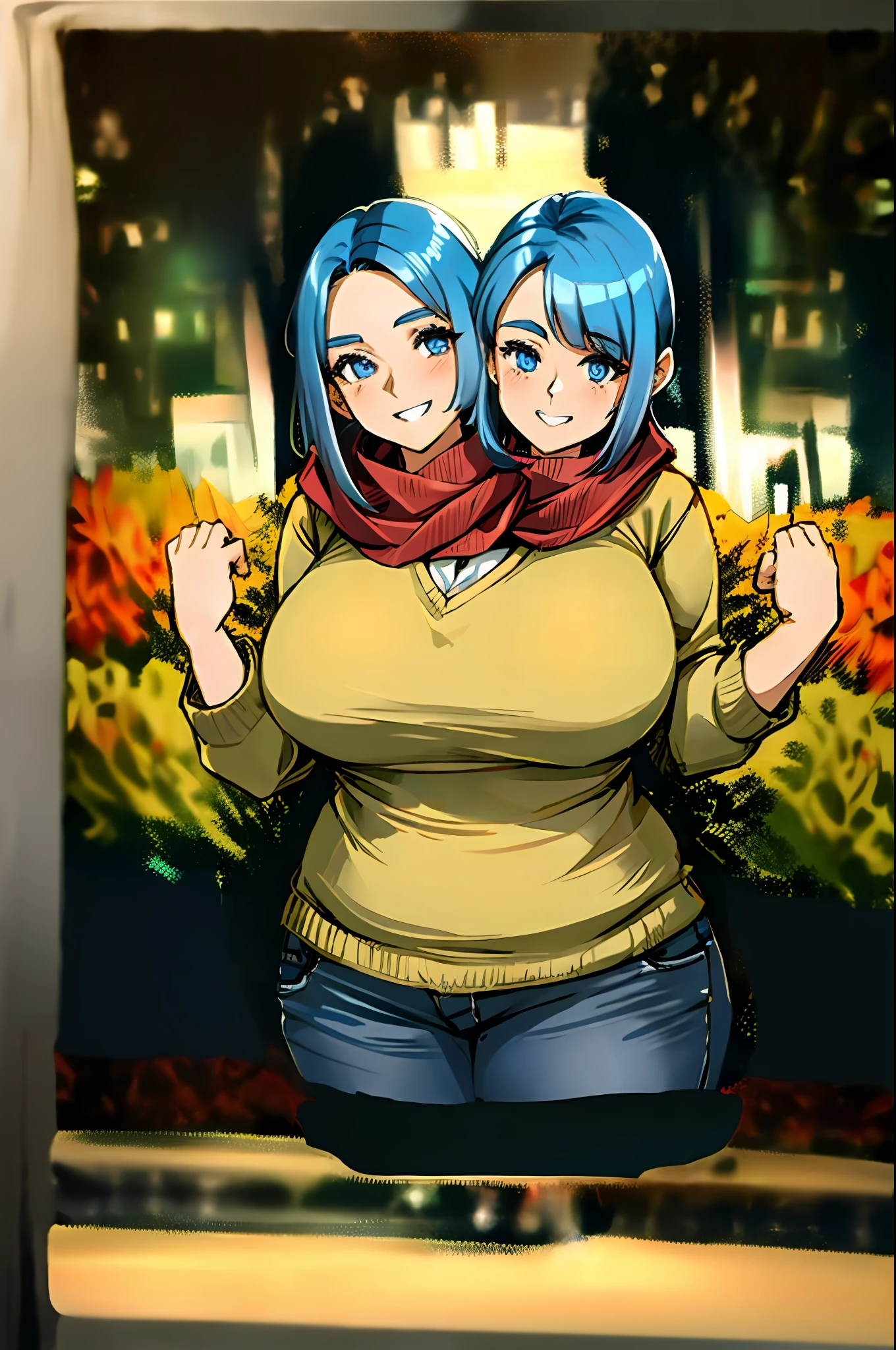 2heads, a short chubby woman with 2 heads. She has enormous breasts. She is outside in the autumn. She is wearing a jacket and scarf. She has massive breasts. She looks very happy. She looks cold. She has massive breasts.