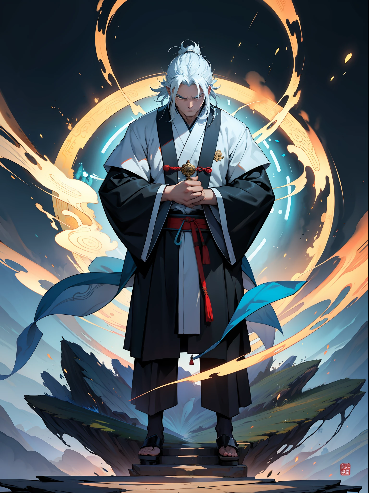 Complete storytelling, Full face, A Taoist priest who stands straight, Two fingers hold a piece of yellow paper,Draw Old Chinese words in the air, Form a spell, These words slowly dissipated in the air, A puff of white smoke is formed, It turned into a tall golden martial arts divine shadow, Appeared behind the Taoist priest, Who has his back to the shadow of the entire sky overhead,Who dominated him, Angry, Overall cool tones, White, Blue, Create chiaroscuro, Traditional Chinese style, Ethnic feng ink painting, in wonderland, Graphical nature, Bian light highlights Taoist priests, Full-body image, long perspective, First-person perspective, high resolution, Virtual Engine, Realism, High detail, 8K