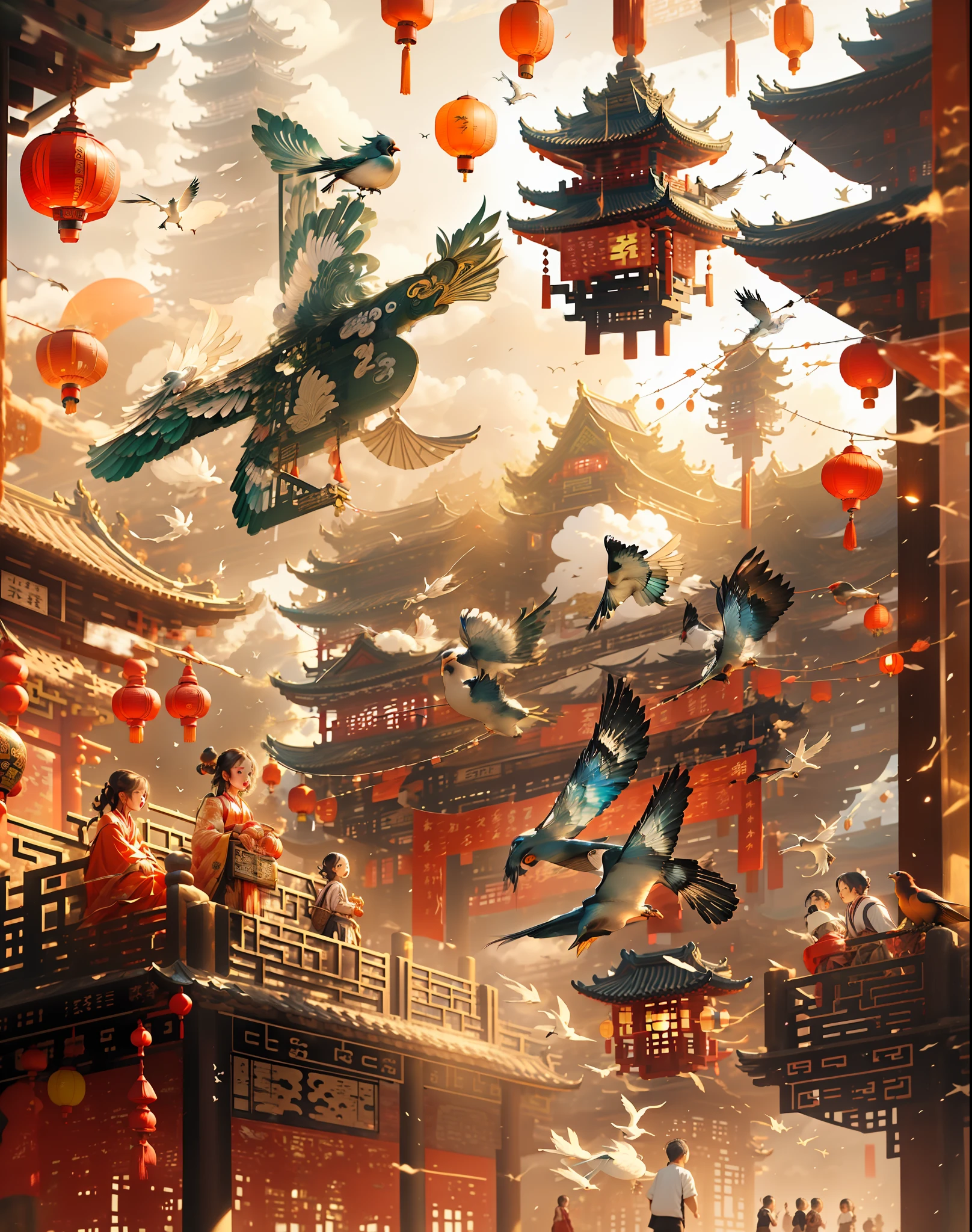 architecture, east asian architecture, scenery, lantern, pagoda, outdoors, sky, paper lantern, cloud, bird, building, tree, standing, mountain, bridge, holding, multiple girls, 6+boys, day, masterpiece, best quality,