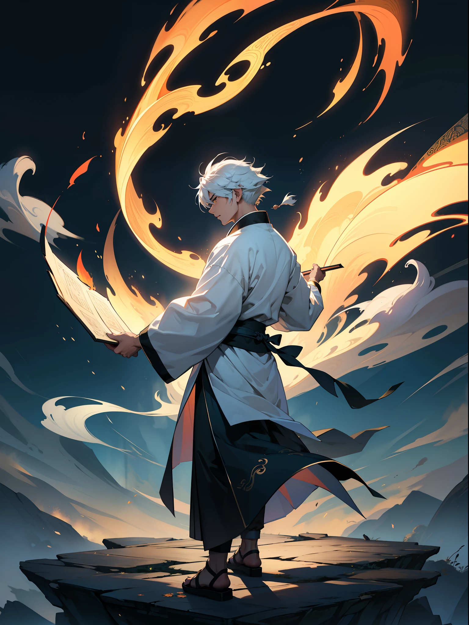 Complete storytelling, Full face, A Taoist priest who stands straight, Two fingers hold a piece of yellow paper,Draw Old Chinese words in the air, Form a spell, These words slowly dissipated in the air, A puff of white smoke is formed, It turned into a tall golden martial arts divine shadow, Appeared behind the Taoist priest, Who has his back to the shadow of the entire sky overhead,Who dominated him, Angry, Overall cool tones, White, Blue, Create chiaroscuro, Traditional Chinese style, Ethnic feng ink painting, in wonderland, Graphical nature, Bian light highlights Taoist priests, Full-body image, long perspective, First-person perspective, high resolution, Virtual Engine, Realism, High detail, 8K
