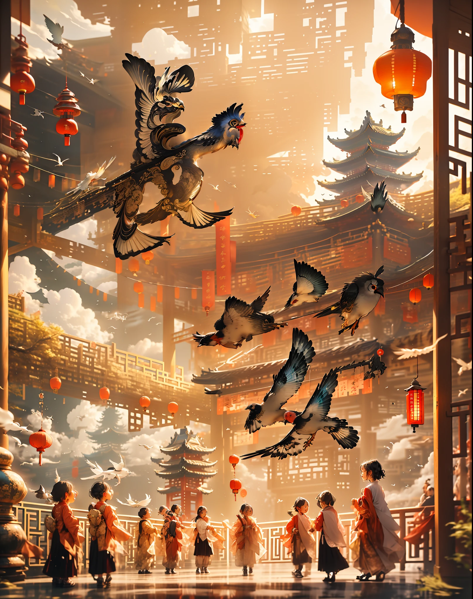 architecture, east asian architecture, scenery, lantern, pagoda, outdoors, sky, paper lantern, cloud, bird, building, tree, standing, mountain, bridge, holding, multiple girls, 6+boys, day, masterpiece, best quality,