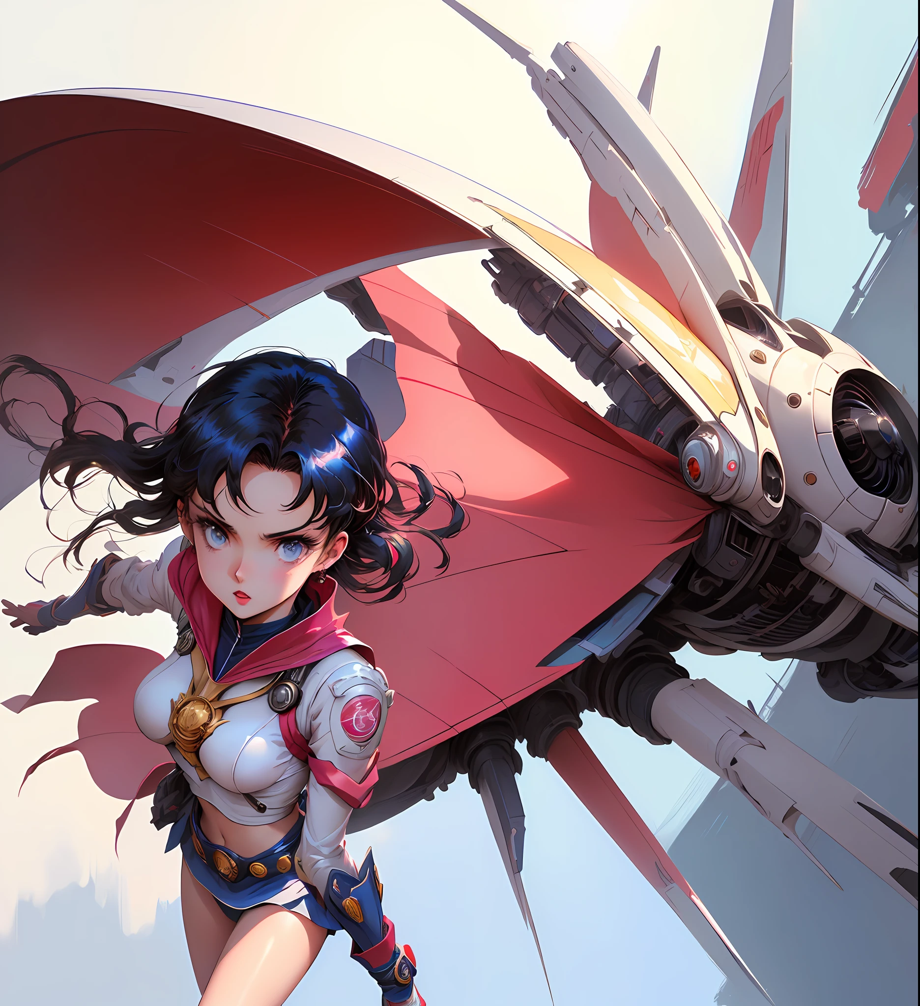 Top image quality、rialistic photo、realphoto、Beautiful woman beautiful face、Ultra mini skirt、white panty、Women's cartoons, Anime style,, as a retro futuristic heroine, an retro anime image, drawn like the anime speed racer, knights of zodiac girl, , as a retrofuturistic heroine