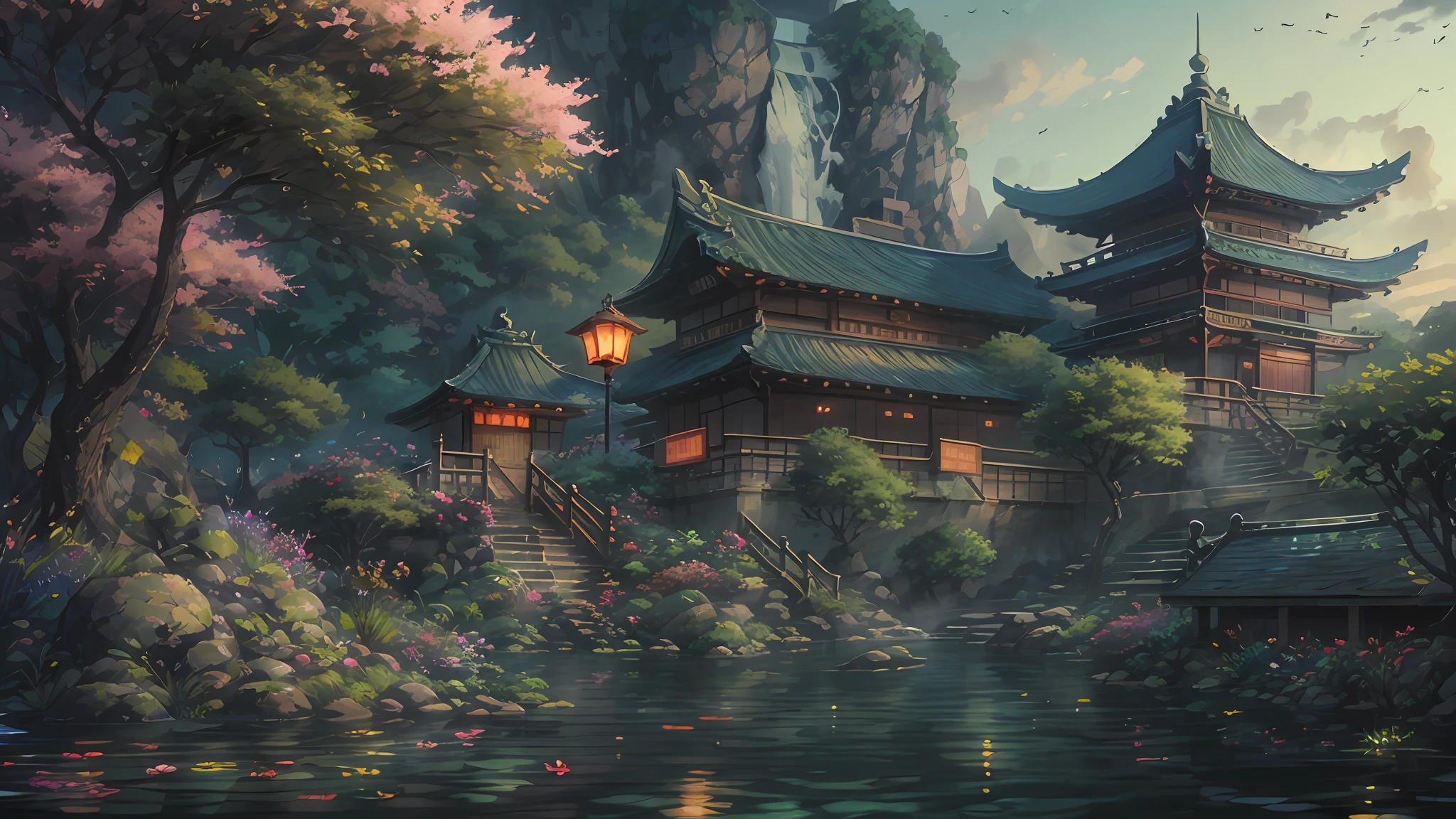 16:9 Full picture,Chinese Ancient Architecture、Hazy moon、the night、trpical garden、bamboos、lakes、stone、Rockery、archs、nooks、Rockery、The tree、flowingwater、scenecy、exteriors、waterfallr、grassy fields、Rochas、water lilies、hot onsen、vapour、(illustratio:1.0)、Epic composition、Detail enhancement,Detail enhancement。Realistic lighting、high definition detail、tmasterpiece、The best quality,(Very detailed CG unified 16k wallpaper),(The best quality)
