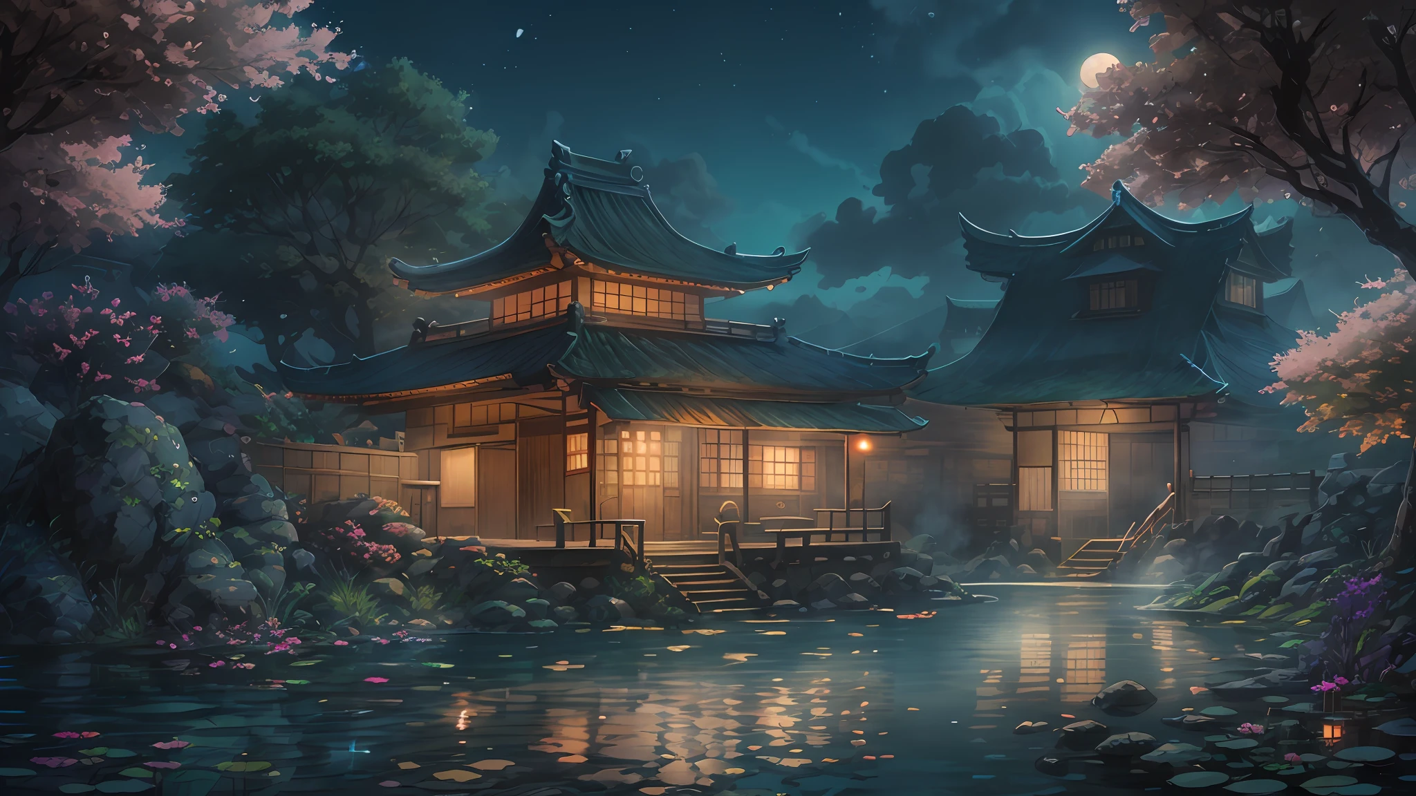 16:9 Full picture，Chinese Ancient Architecture、Hazy moon、the night、trpical garden、bamboos、lakes、stone、Rockery、archs、nooks、Rockery、The tree、flowingwater、scenecy、exteriors、waterfallr、grassy fields、Rochas、water lilies、hot onsen、vapour、（illustratio：1.0）、Epic composition、Detail enhancement，Detail enhancement。Realistic lighting、high definition detail、tmasterpiece、The best quality，（Very detailed CG unified 16k wallpaper），（The best quality）