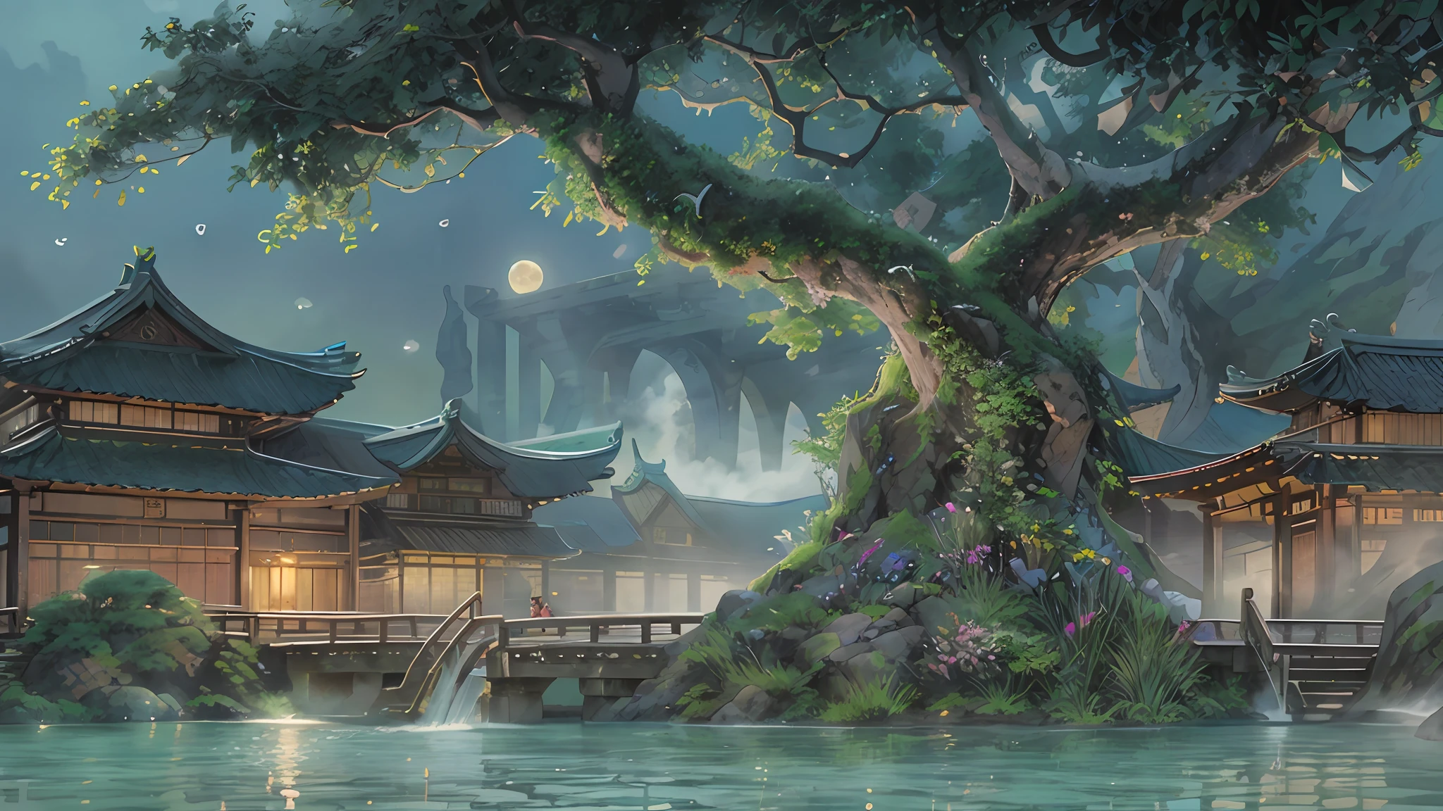 16:9 Full picture,Chinese Ancient Architecture、Hazy moon、the night、trpical garden、bamboos、lakes、stone、Rockery、archs、nooks、Rockery、The tree、flowingwater、scenecy、exteriors、waterfallr、grassy fields、Rochas、water lilies、hot onsen、vapour、(illustratio:1.0)、Epic composition、Detail enhancement,Detail enhancement。Realistic lighting、high definition detail、tmasterpiece、The best quality,(Very detailed CG unified 16k wallpaper),(The best quality)
