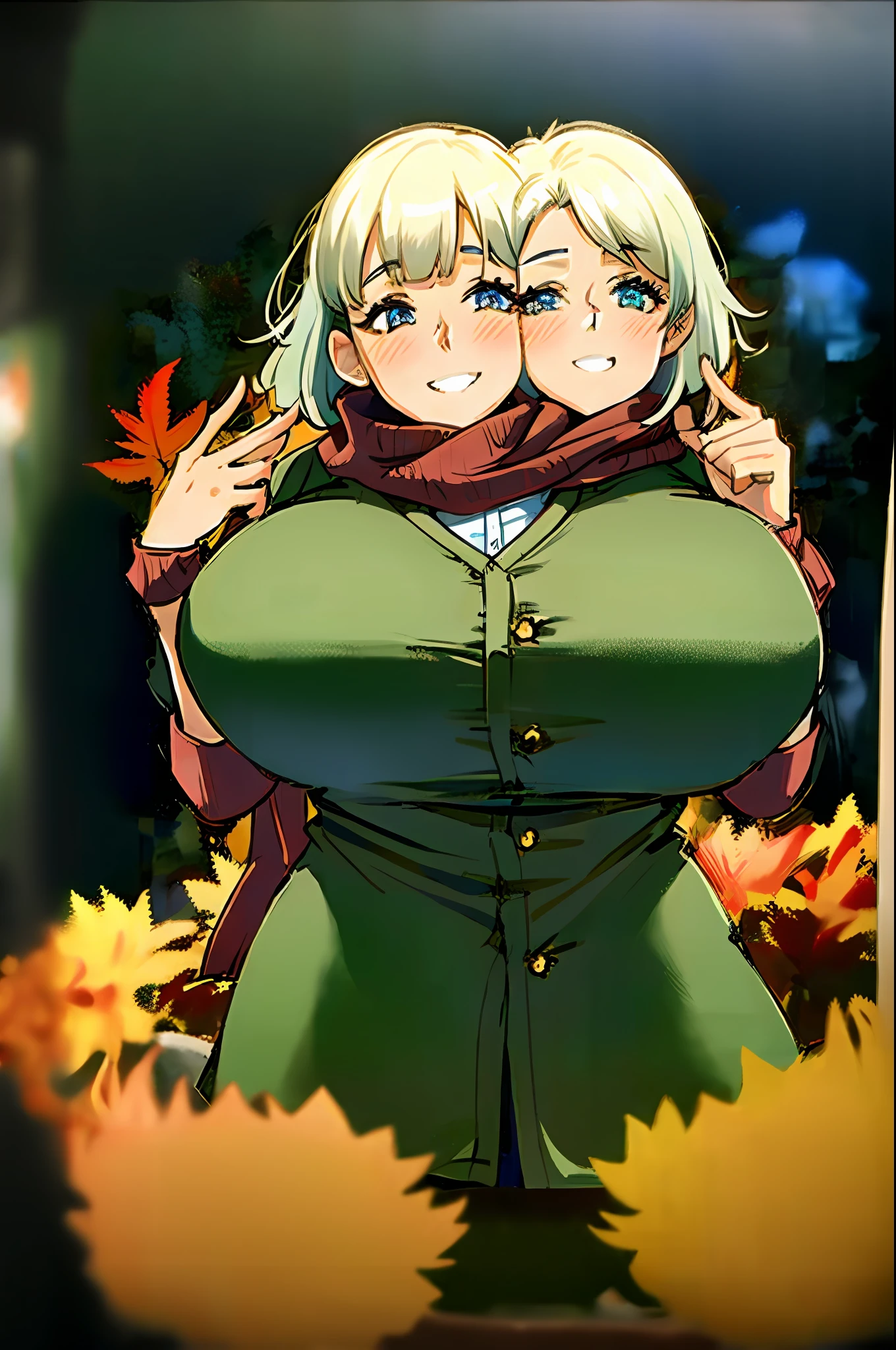 2heads, a short chubby woman with 2 heads. She has enormous breasts. She is outside in the autumn. She is wearing a jacket and scarf. She has massive breasts. She looks very happy. She looks cold. She has massive breasts.