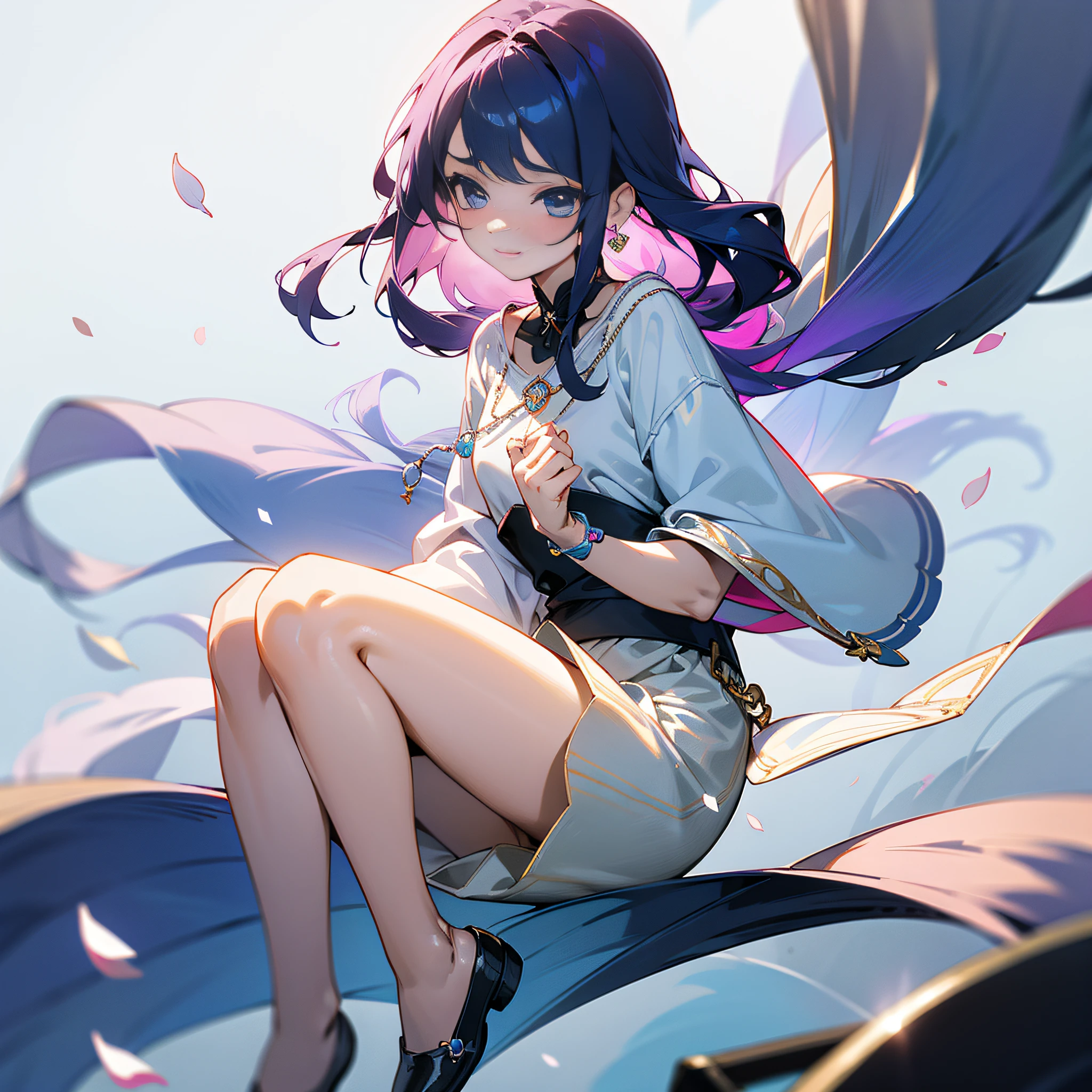 (Extreme Detail CG Unity 8K Wallpapers,tmasterpiece,Highest image quality),(Delicate light and shadow,The picture is highly dramatic,Cinematic lens effect),The familiar tsundere childhood sweetheart next door、Stand in the center of the picture、She has a beautiful and delicate face,Good looks,Delicate facial features。Big eyes of the water spirit、long eyebrow、Long colored hair、with fair and smooth skin、Healthy and youthful tone、Sweet smiling、Wear a comfortable shirt、Knitwear or T-shirts,Wear yours with short or long skirts、Clothing colors favor soft and warm colors,For example, Light pink、pale-blue、Beige, etc,Wear small, delicate accessories,For example, Thin chain necklace、Small earrings or simple bracelets,Wear comfortable and stylish shoes,Love flat shoes、Small white shoes、Falling chips with petals、a sense of atmosphere、中景 the scene is、full bodyesbian