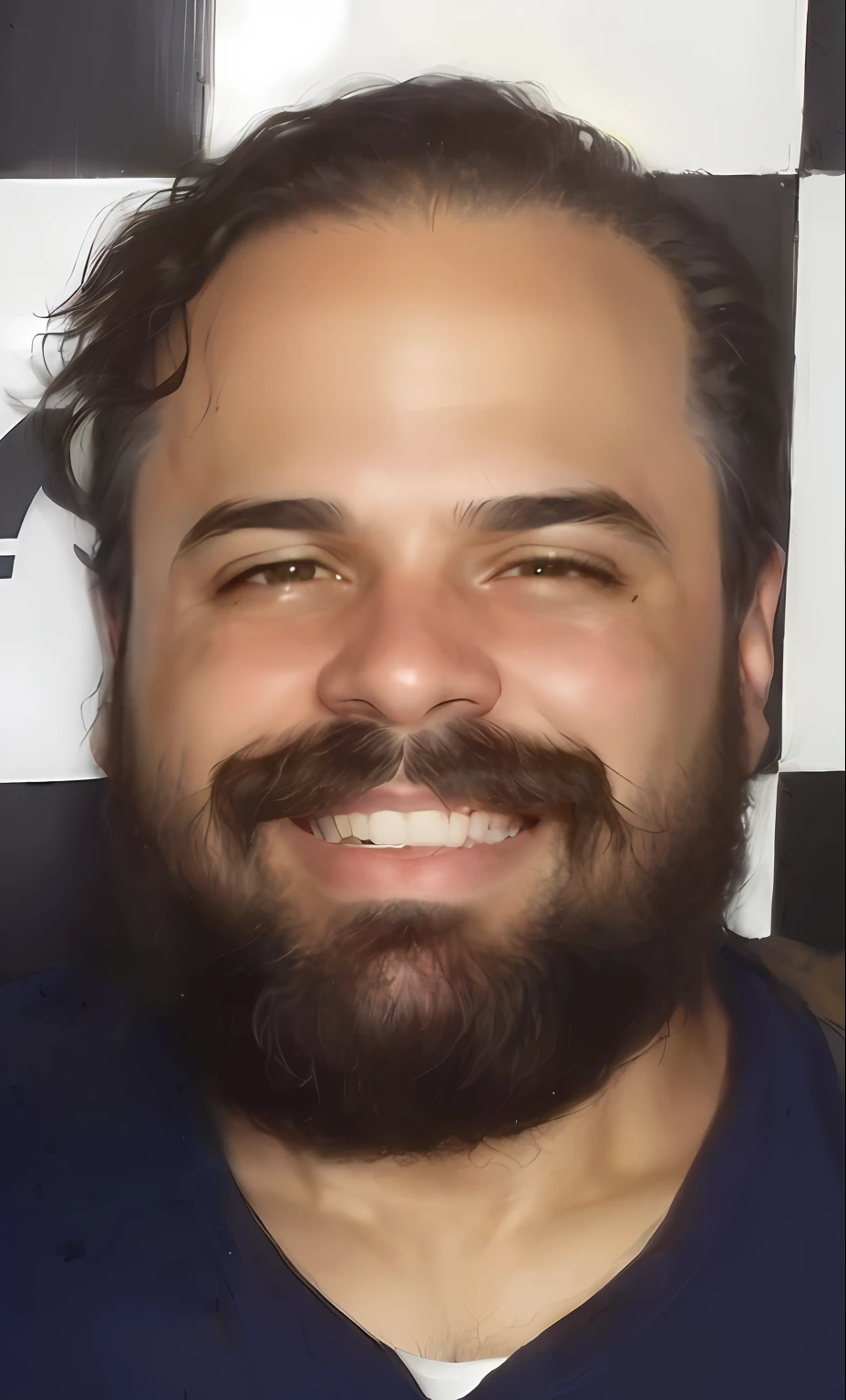 homem sorridente com barba e bigode sentado em frente a uma parede quadriculada, david rios ferreira, edu souza, icaro carvalho, andrea rocha, muito ligeiramente sorridente, joe alves, Greg Rutowski, by Antonio Parreiras, Dan dos Santos, Hoyte Van Hoytema, Miguel Vicente