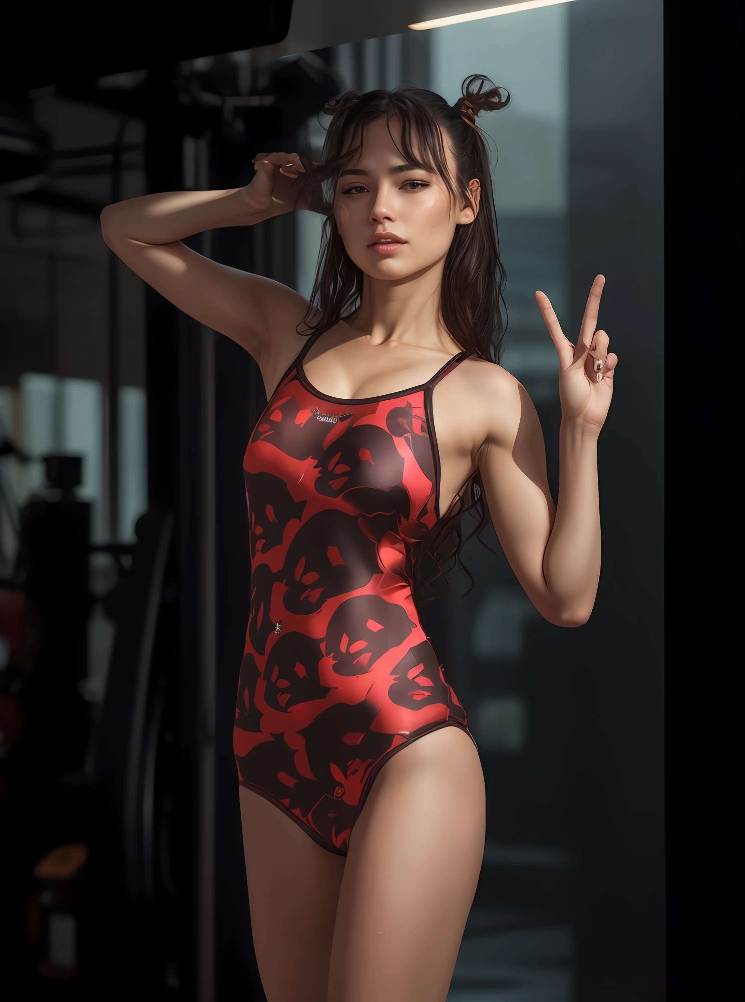 Full face portrait photo of a 25-year-old European girl, RAW, beautiful woman, semi-open strawberry lips, dimples, wistful look, (extra long wavy brown hair), ((detailed face)), ((detailed facial features)), (finely detailed skin), pale skin, (deep neckline detailed high-tech cyberpunk dress), cyberpunk megacity environment, (cool colors), damp, damp, reflections, (masterpiece) (perfect proportion)(realistic photo)(best quality) (detailed) shot on a Canon EOS R5, 50mm lens, F/2.8, HDR, (8k) (wallpaper) (cinematic lighting) (dramatic lighting) (sharp focus) (intricate), RAW photo, RAW photo, gigachad photo, posing for camera, black jeans, arms back, 8k uhd, dslr, high quality, film grain, Fujifilm XT3, extremely detailed, photorealistic, realistic, incredibly absurd, highly detailed, Sharp focus, (Professional Studio Lighting), (Professional Color Grading), Edge Lighting, Dramatic lighting, Cinematic lighting, Lumen reflections, Soft natural lighting, Soft color, Photon mapping, Radiosity, (Beautiful eyes), (Detailed eyes), (Detailed face), symmetrical eyes, sharp eyes, cold face, full body, thin waist, beautiful and sexy woman, perfect hips, (gym), immensely attractive, extremely attractive, flirtatious and playful, hyperrealism, trend in artstation, polished, beautiful, radiant, synesthesia, vibrant, unreal motor 5