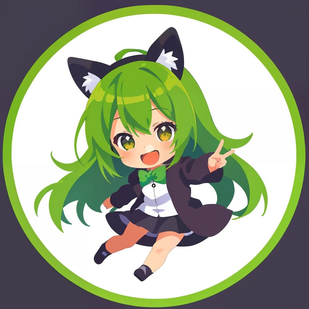 超A high resolution, nffsw, Best aesthetic, Best Quality, masutepiece, ik1、Full body depiction, Laughing、1girl in、Jade-colored jacket、cartoon bone、Chibikyara, Green Hair Anime Girl, flat anime style,  Black cat ears, Anime girl with black cat ears, digital anime illustration,  Plain white background