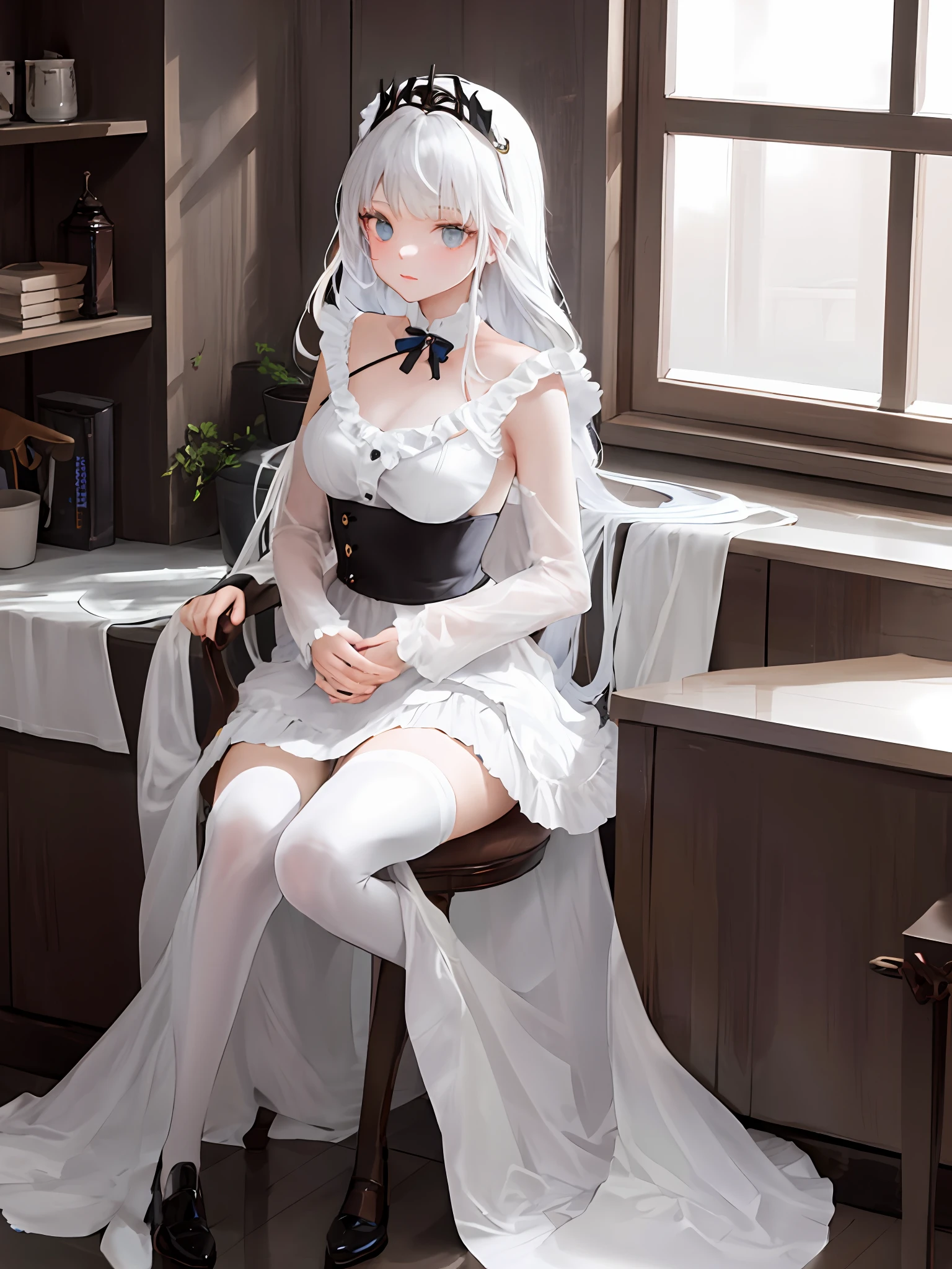 tmasterpiece，Extremely quality，Highest image quality，1girll，Solo，Lazy，White hair，Dull hair，Little blue dress，White stockings，is shy，Blushlush，llight rays，Beautiful，Gorgeous tiara，Gorgeous dress，full bodyesbian，Put your hands behind you，wide blue eyes，a beauty girl，Long hair and waist