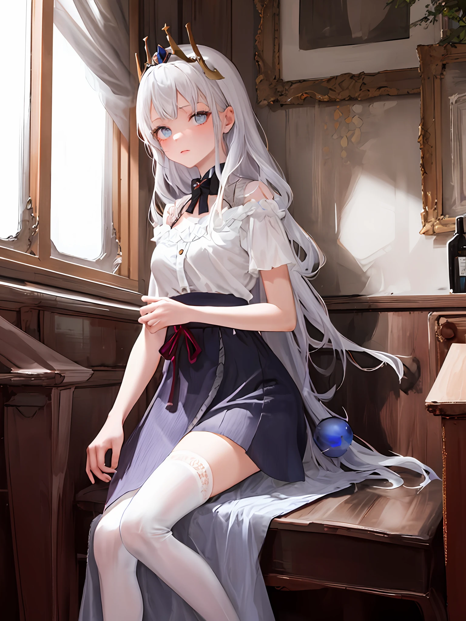 tmasterpiece，Extremely quality，Highest image quality，1girll，Solo，Lazy，White hair，Dull hair，Little blue dress，White stockings，is shy，Blushlush，llight rays，Beautiful，Gorgeous tiara，Gorgeous dress，full bodyesbian，Put your hands behind you，wide blue eyes，a beauty girl，Long hair and waist