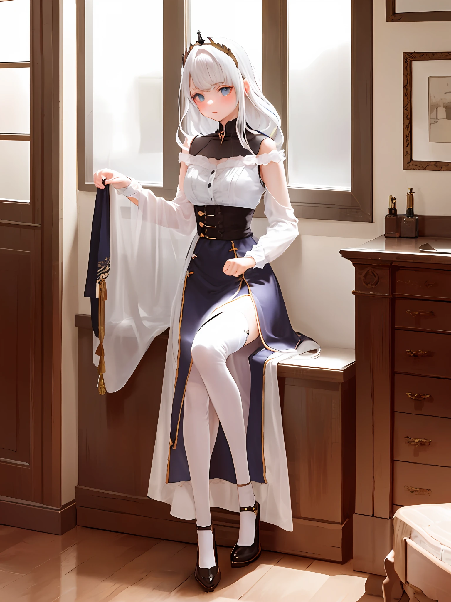 tmasterpiece，Extremely quality，Highest image quality，1girll，Solo，Lazy，White hair，Dull hair，Little blue dress，White stockings，is shy，Blushlush，llight rays，Beautiful，Gorgeous tiara，Gorgeous dress，full bodyesbian，Put your hands behind you，wide blue eyes，a beauty girl，Long hair and waist