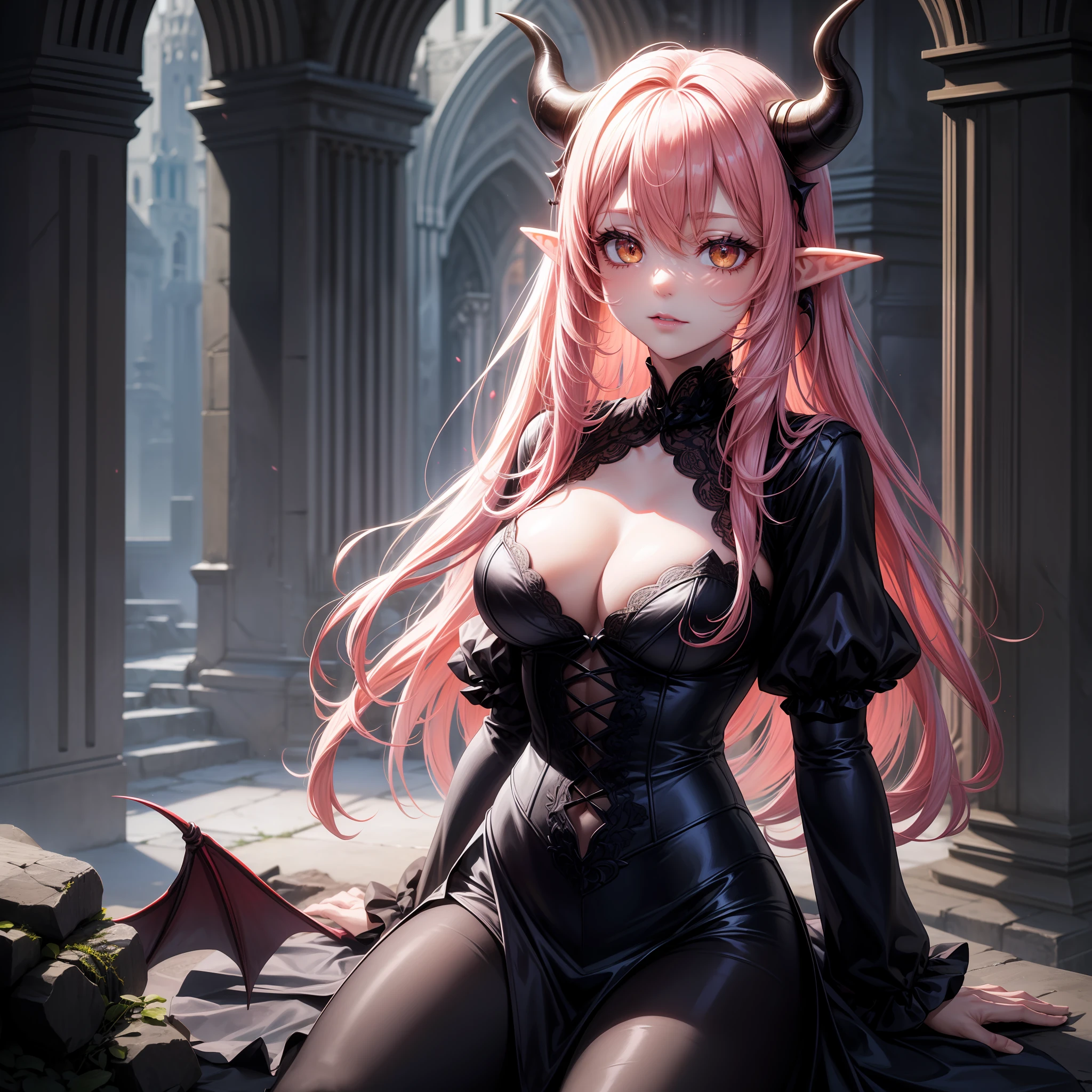 A female demon with cat ears, Elf ears and black demon horn, ((orelhas de elfo)), ((demon horn)), (orelhas de gato)), cabelo cor-de-rosa extremamente longo, ((Cabelo cor-de-rosa)), White eyes of the demon, ((olhos brancos)), vestido de noiva preto, Gothic cathedral abandoned and destroyed