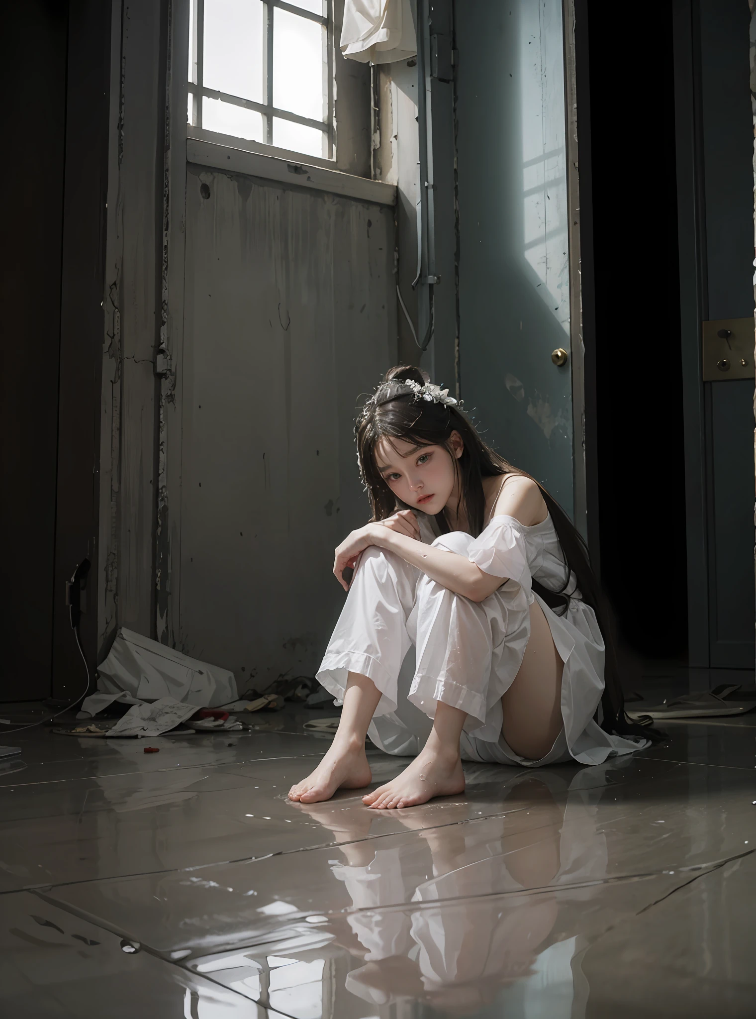 Sitting in the middle of an abandoned 3D rendered men's toilet，Devastated，Broken doors and windows，The ground is a mess，junk，junk，junk，Transparent Hanfu，Cloudy white liquid covering，facing at camera，Exquisite and perfect facial features，Long eyelashes，The eyes are sweet and there are lying silkworms，Delicate and perfect human body structure，s the perfect face，Extreme picture quality，Highest accuracy，Barefoot，Spread your legs，junk，Greasy，Sweat Wet，grimy，standing water，BDSM