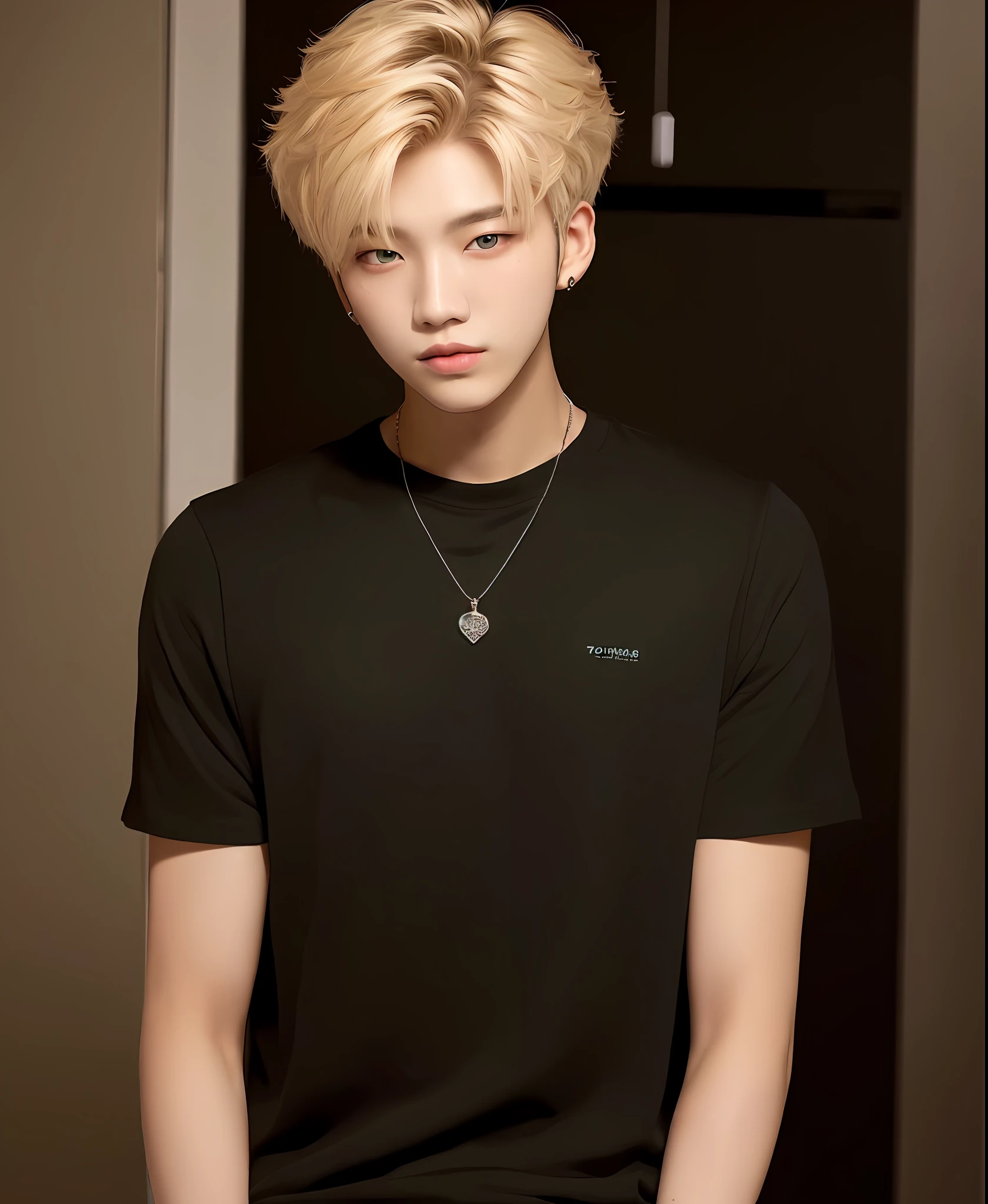 Un primer plano de una persona con una camisa negra y una cadena, Huening Kai, tomorrow by together boygroup, idol, 1boy, male model, llave fija, Inspirado por Jeonseok Lee, Steven Jung, Yanjun Chengt, Mark Lde, blonde, beautiful young boy, 20 y/o, twenty years old, androgynous, soft lips, Green eyes, man