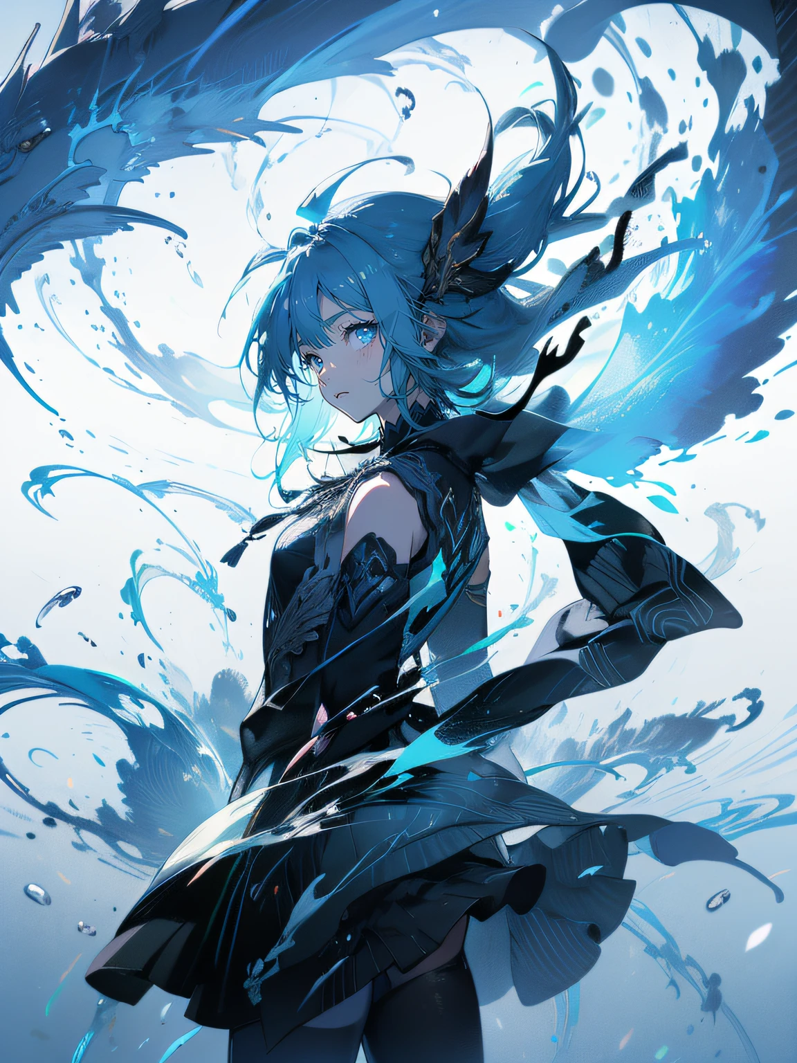 Blue-haired side ponytail，Design clothing，Seven-doppelganger shot，Anime style 4K，Anime girl with teal hair，High quality anime art style，Standing painting，Splash ink background，Blue Themes。