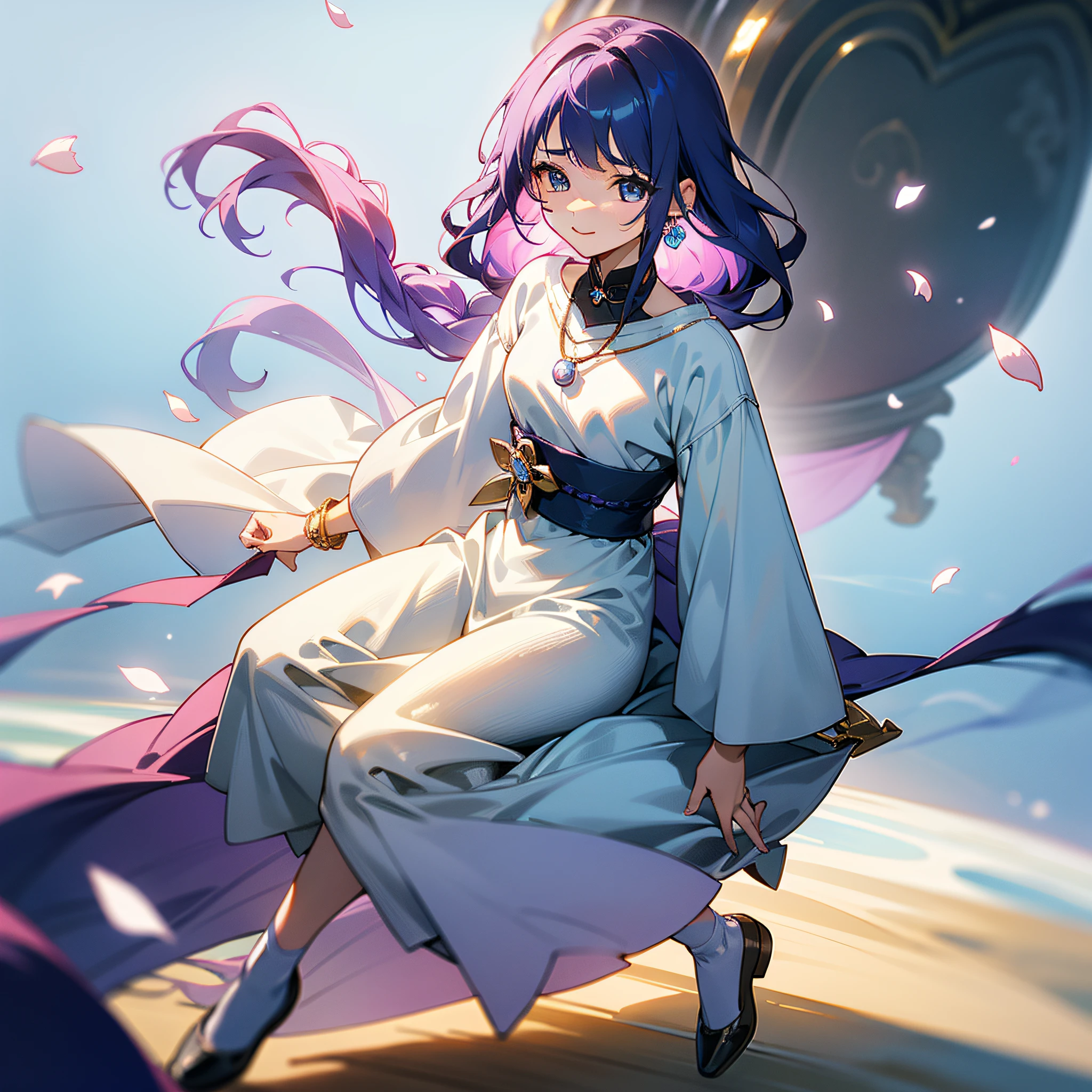 (Extreme Detail CG Unity 8K Wallpapers,tmasterpiece,Highest image quality),(Delicate light and shadow,The picture is highly dramatic,Cinematic lens effect),The familiar tsundere childhood sweetheart next door、Stand in the center of the picture、She has a beautiful and delicate face,Good looks,Delicate facial features。Big eyes of the water spirit、long eyebrow、Long colored hair、with fair and smooth skin、Healthy and youthful tone、Sweet smiling、Wear a comfortable shirt、Knitwear or T-shirts,Wear yours with short or long skirts、Clothing colors favor soft and warm colors,For example, Light pink、pale-blue、Beige, etc,Wear small, delicate accessories,For example, Thin chain necklace、Small earrings or simple bracelets,Wear comfortable and stylish shoes,Love flat shoes、Small white shoes、Falling chips with petals、a sense of atmosphere、中景 the scene is、full bodyesbian
