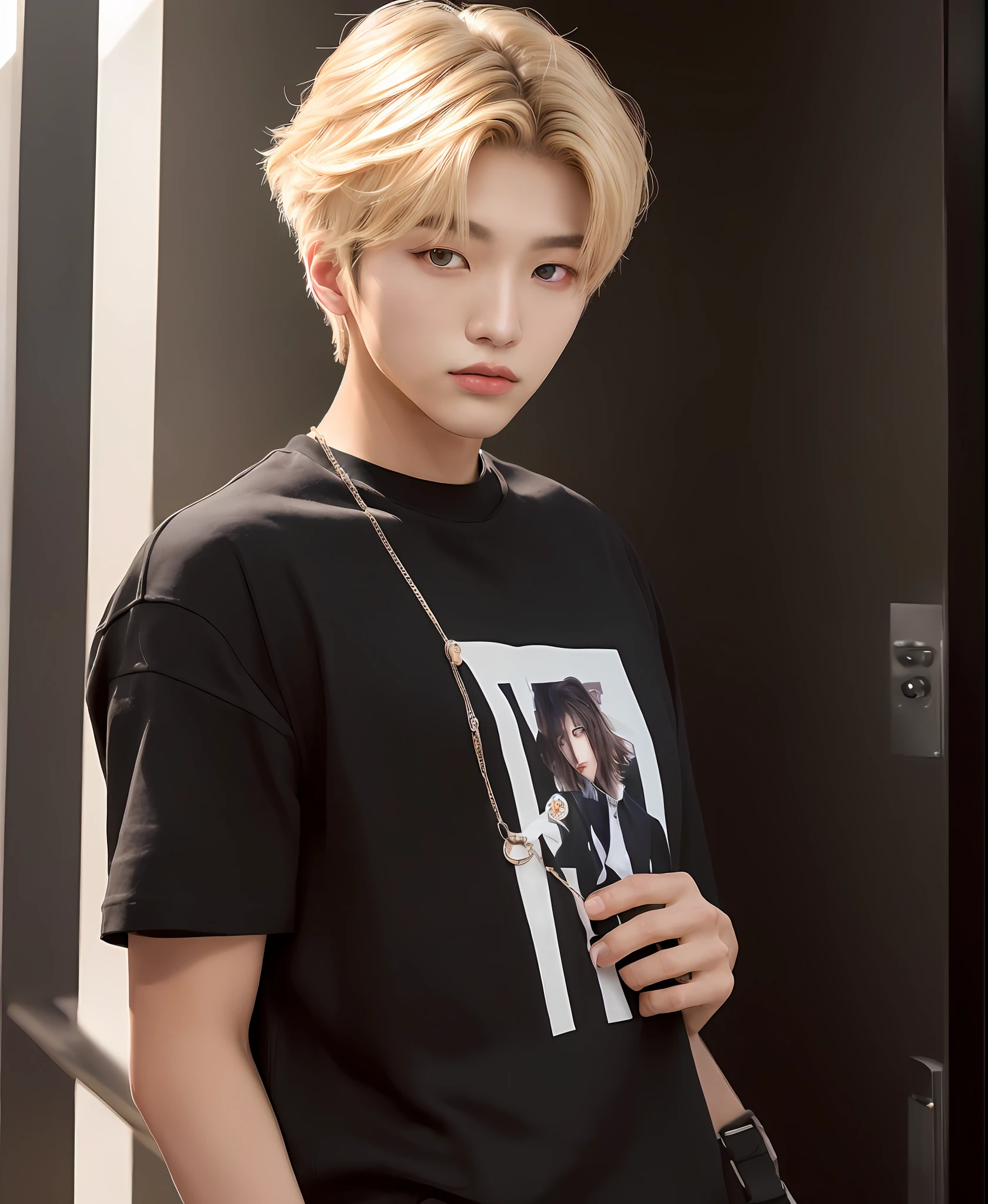 Un primer plano de una persona con una camisa negra y una cadena, Huening Kai, tomorrow by together boygroup, idol, 1boy, male model, llave fija, Inspirado por Jeonseok Lee, Steven Jung, Yanjun Chengt, Mark Lde, blonde, beautiful young boy, 20 y/o, twenty years old, androgynous, soft lips, Green eyes, man