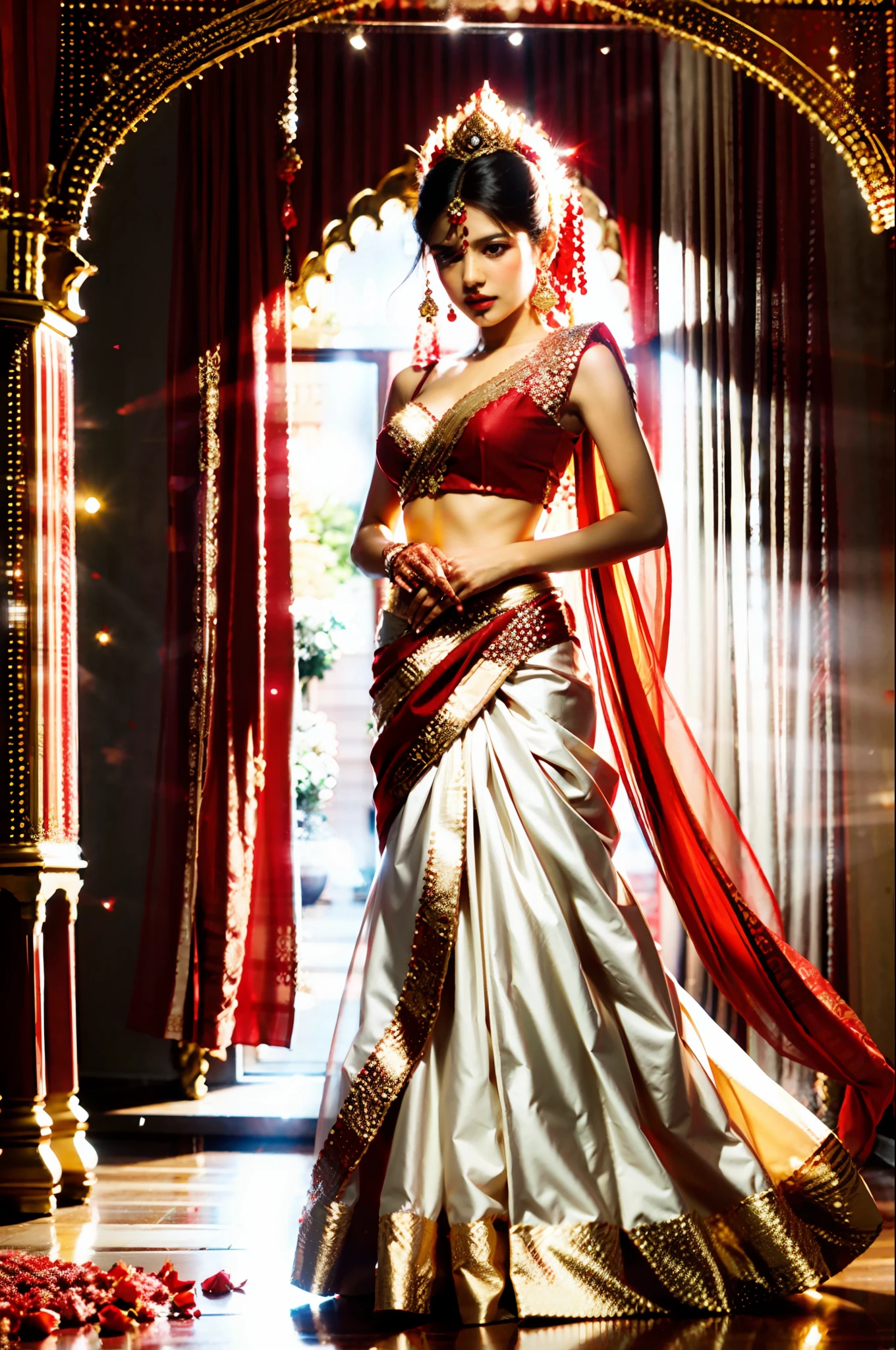 8k, ultrarealistic, photorealistic, skinny woman wearing indian wedding sari, wedding, lengha, princess, regal, rich, red and gold, traditional, tulle fabric, elegant, princess, flowers