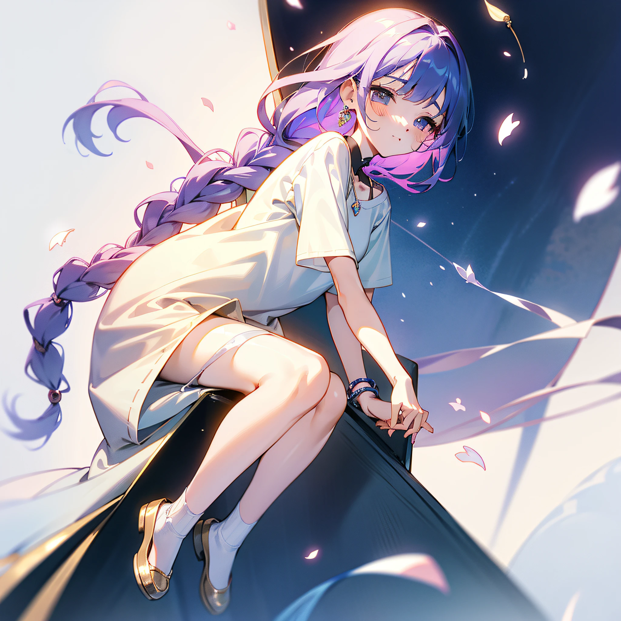 (Extreme Detail CG Unity 8K Wallpapers,tmasterpiece,Highest image quality),(Delicate light and shadow,The picture is highly dramatic,Cinematic lens effect),The familiar tsundere childhood sweetheart next door、Stand in the center of the picture、She has a beautiful and delicate face,Good looks,Delicate facial features。Big eyes of the water spirit、long eyebrow、Long colored hair、with fair and smooth skin、Healthy and youthful tone、Sweet smiling、Wear a comfortable shirt、Knitwear or T-shirts,Wear yours with short or long skirts、Clothing colors favor soft and warm colors,For example, Light pink、pale-blue、Beige, etc,Wear small, delicate accessories,For example, Thin chain necklace、Small earrings or simple bracelets,Wear comfortable and stylish shoes,Love flat shoes、Small white shoes、Falling chips with petals、a sense of atmosphere、中景 the scene is、full bodyesbian
