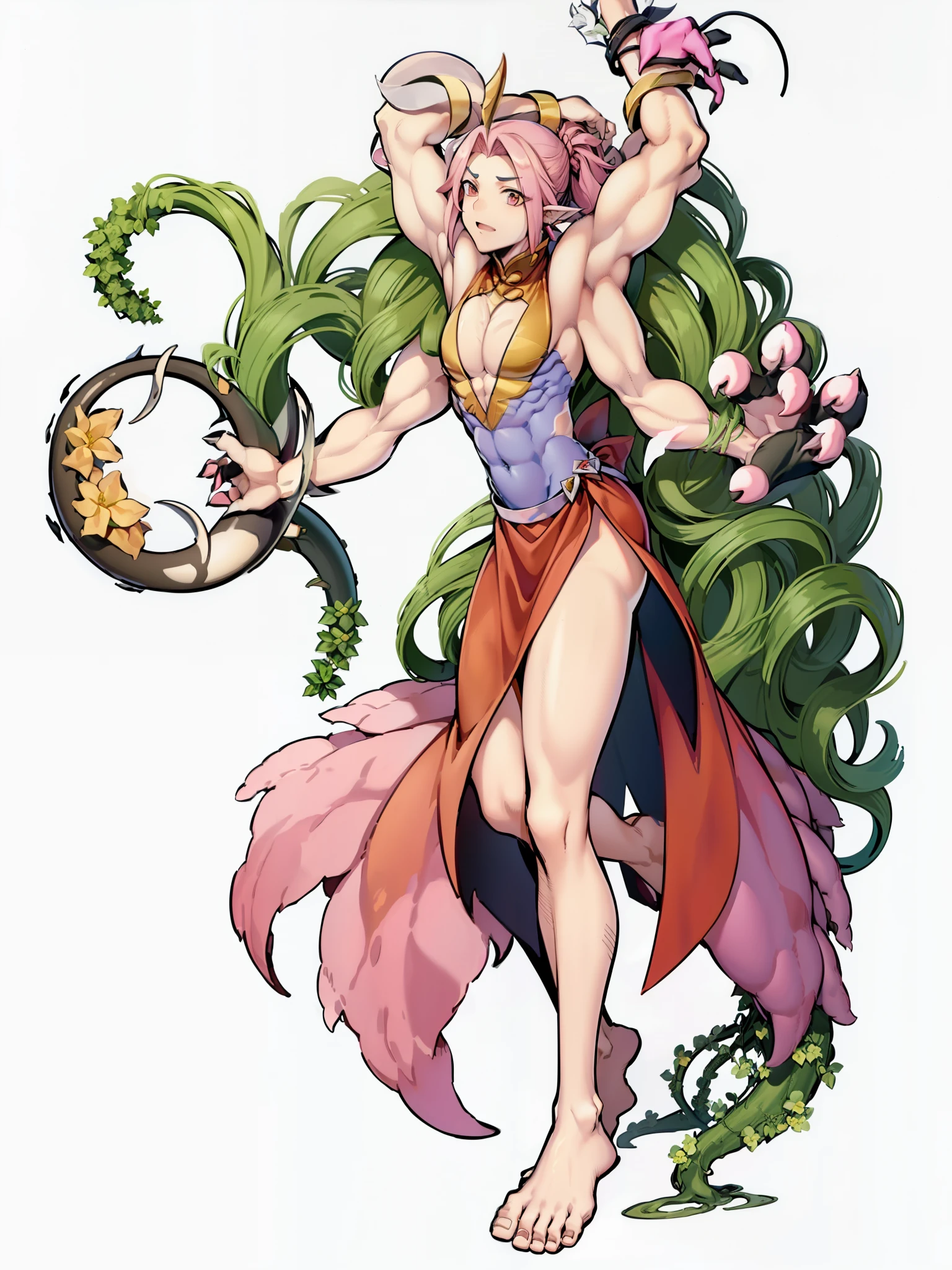 a close up of a person in a pink dress holding a shuriken, flowing hair , ((Ponytail)) and ((long slit robes)), full body xianxia, , Monster ((masucline:1.4)),(Digimon\(creature)\0.4), (Peach Blossom themed:1.2), (Fairy), ((Pink Claw like arms:1.4)), (( plant:1.6)), ((Pink skin))