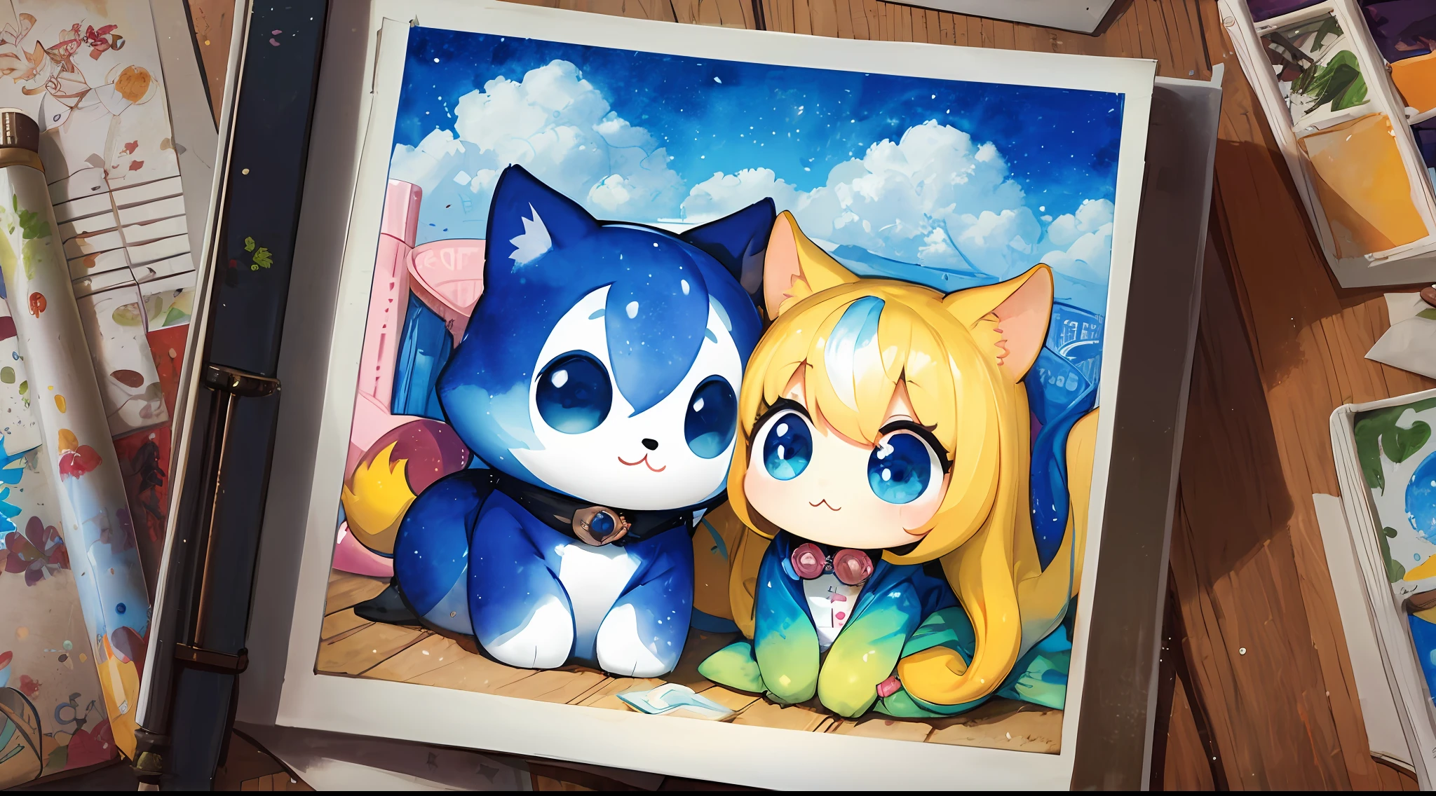 With picture book illustrations for children, Depicted how the clock character is cute and deformed, It is a bright, colorful and pop watercolor style painting, kawaii, chibi, deformation Character, big had, big eyes, Tiny:1.4 (Best quality), (masterpiece:1.3), ultra-detailed