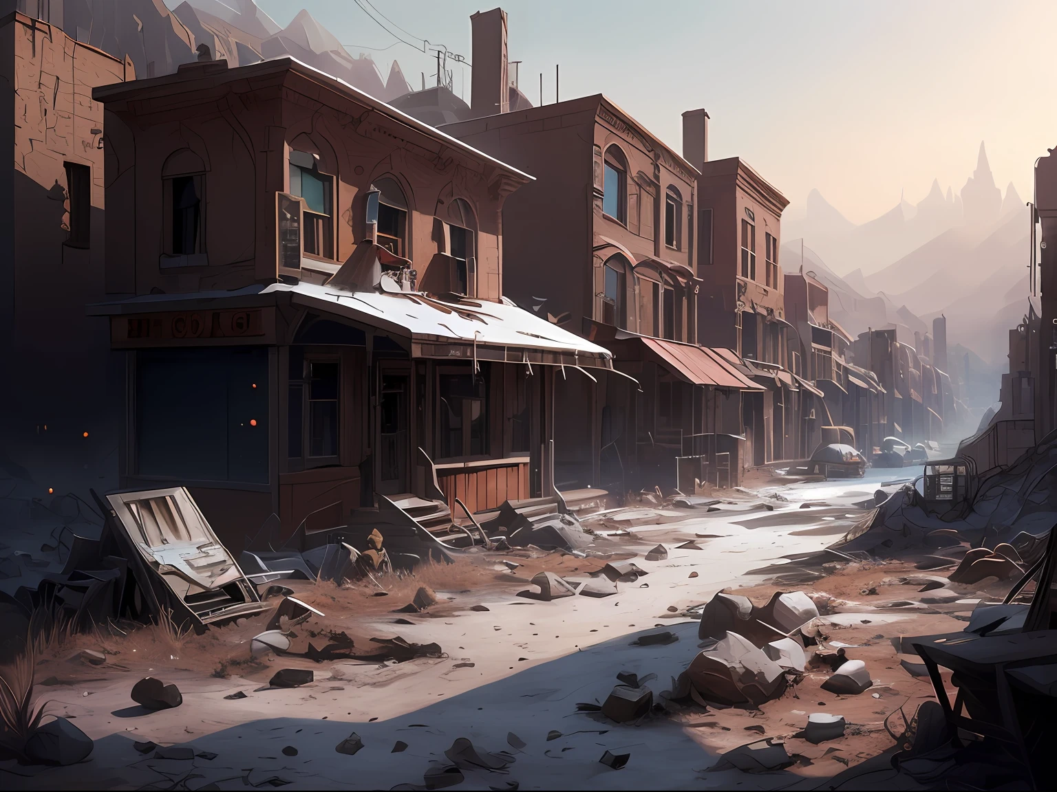 16k, perfect, Abandoned mining town futuristic a masterpiece, 8k resolution, dark fantasy concept art, by Greg Rutkowski, dynamic lighting, hyperdetailed, trending on Artstation, deep color, Unreal Engine 5, volumetric lighting, Alphonse Mucha, Jordan Grimmer, landscape, realistic, photorealistic, anime-style, desolate, pov, eye level, no people