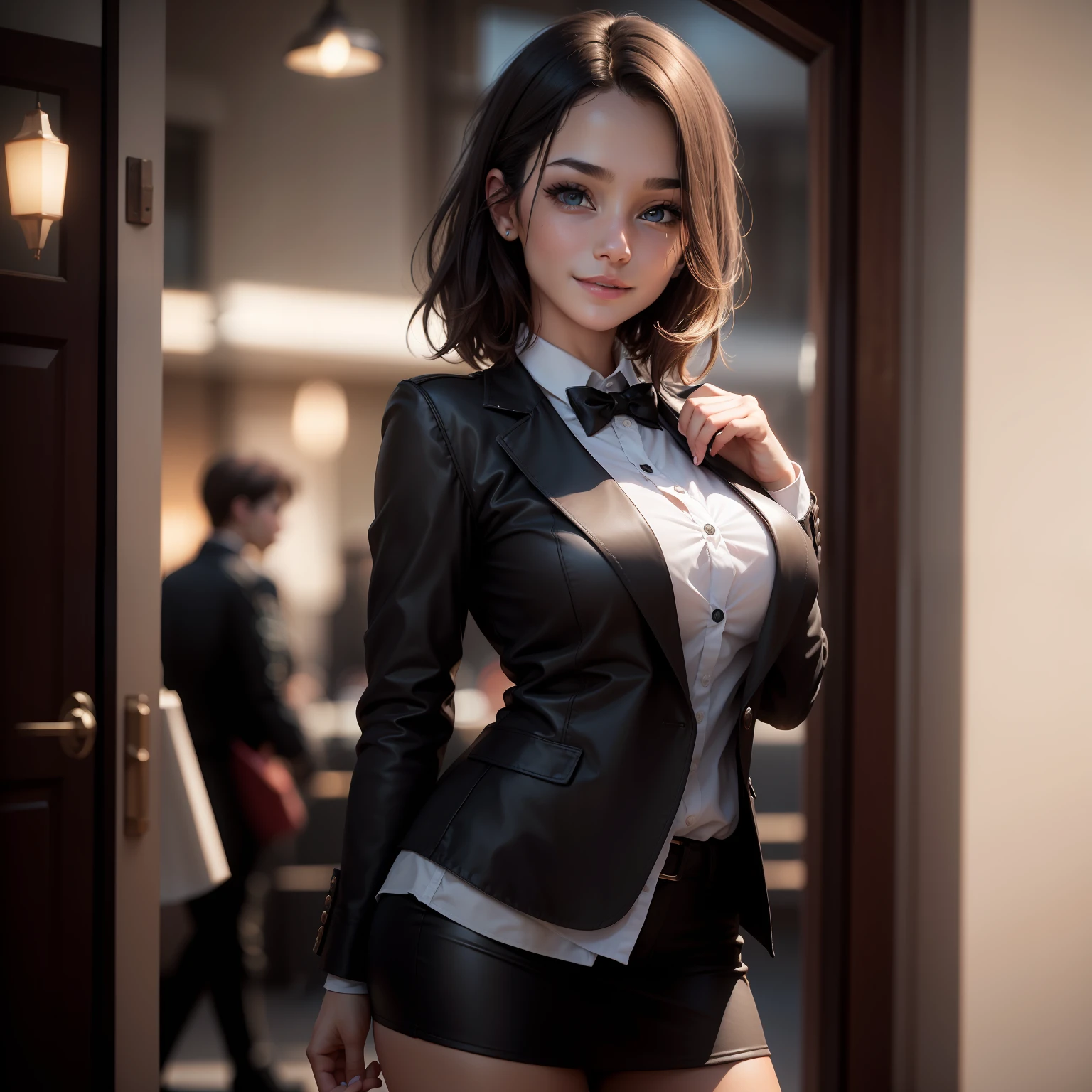 best qualtiy, tmasterpiece, Kizi, beauitful face, (photograph realistic:1.3),Beautiful short hair,Smiling eyes,cuteexpression, edge lit, (highdetailskin:1.2), 8K Ultra HD, digital SLR camera, high high quality, A high resolution, 4K, 8K, Bokeh, absurderes, Optimal proportions of four fingers and one thumb, (realisticlying:1.3), Cute 1girl,