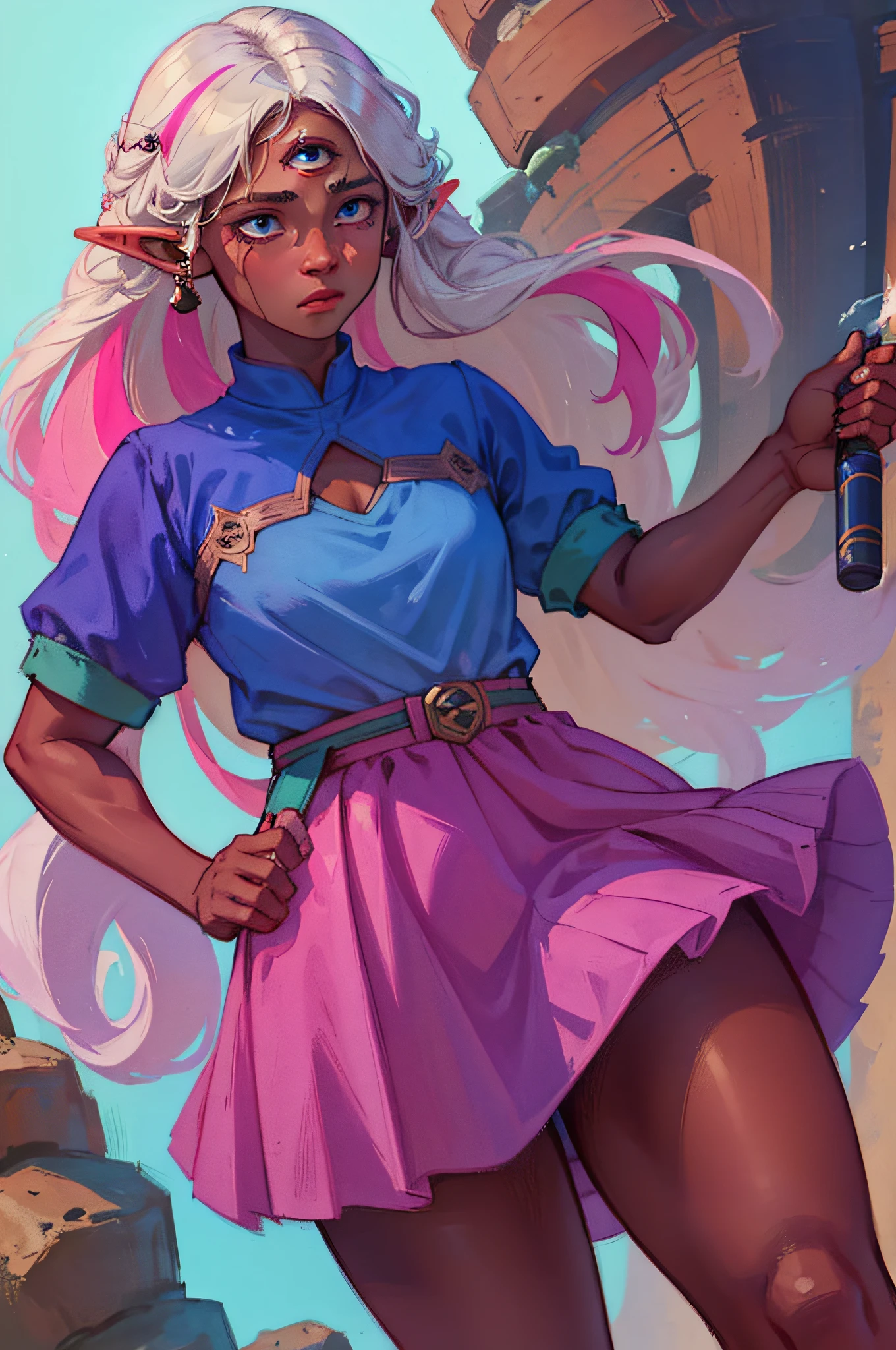 illustration, 1girl, solo, ((young adult, elven woman, elf, deep brown skin)), (furry female:0.85), monster mash, pale white hair, pink inner, fluffy hair, two-toned hair, long messy hair, third eye, blue short dress, feminine, slightly chubby, modern, soft curves, light pink, shy, tired eyes, modern clothes, skirt,