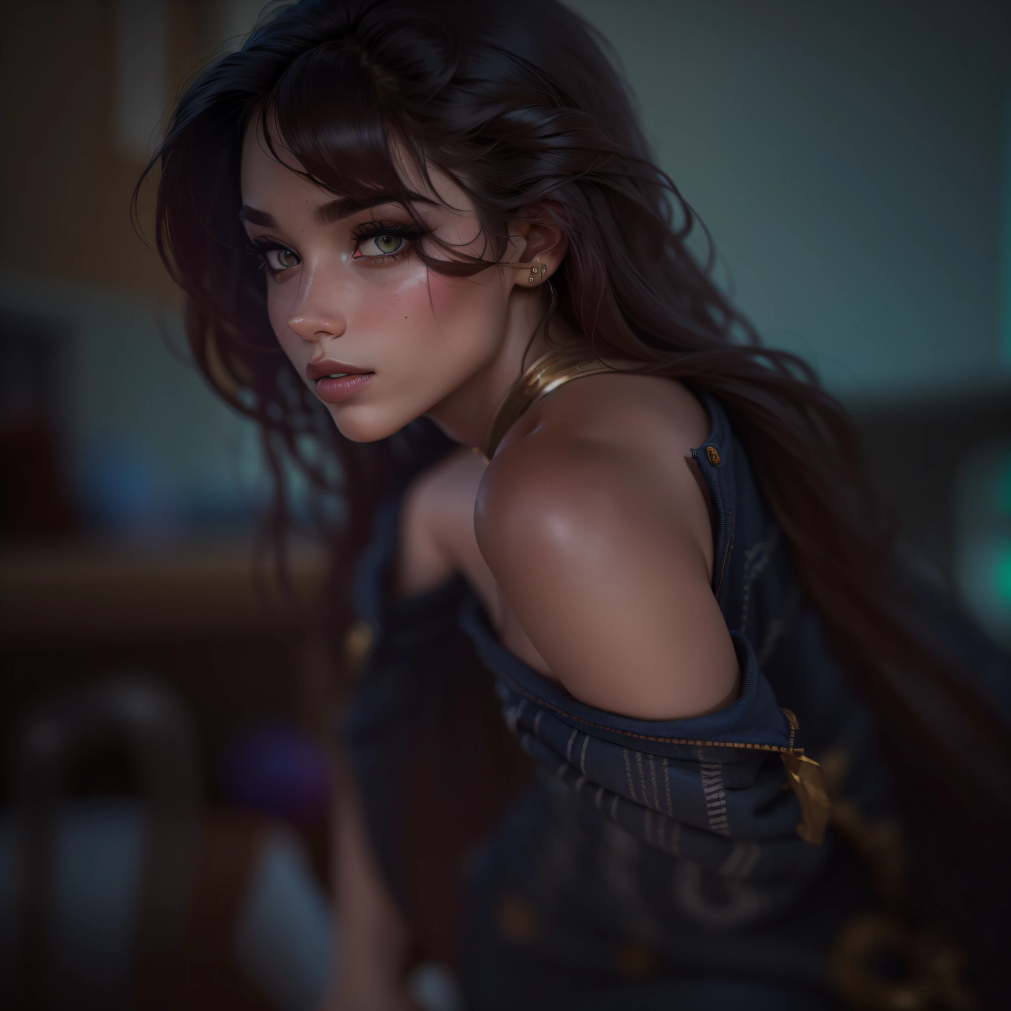 Foto de retrato de rosto completo de europeia de 25 anos, RAW, mulher bonita, semi-open strawberry lip, covinhas, wistful expression, (brown hair with extra long wavy), ((rosto detalhado)), ((detailedfacialfeatures)), (pele fina detalhada), pale skinned, ambiente de megacidade cyberpunk, (cor fria), humid, humid, reflexo, (masterpieceShot com Canon EOS R5 (detalhe) (Fotos realistas) (detalhes detalhados) lente de 50mm, f/2.8, HDR, (8k) (papel de parede) (cinematic lighthing) (lighting dramatic) (foco nítido) (complexo), fotografia RAW, fotografia RAW, fotografia gigachade, camera pose, jeans preto, back arm, 8k uhd, dslr, de alta qualidade, grain movie, Fujifilm XT3, Film Stock Photo 4 Kodak Portra 400 Camera F1.6 Lens Rich Colors Ultra-realistic Textures Dramatic Lighting Unreal Engine Art Station Trends Cinestill 4B8r3B4p7yhRXuBWLqsQ546WR43cqQwrbXMDFnBi6vSJBeif8tPW85a7r7DM961Jvk4hdryZoByEp8GC8HzsqJpRN4FxGM9mess, Muscles, Veias estouradas, Contas, (( Preto & roxo vestido sexy)), (rabo de cavalo, 1 large hull),