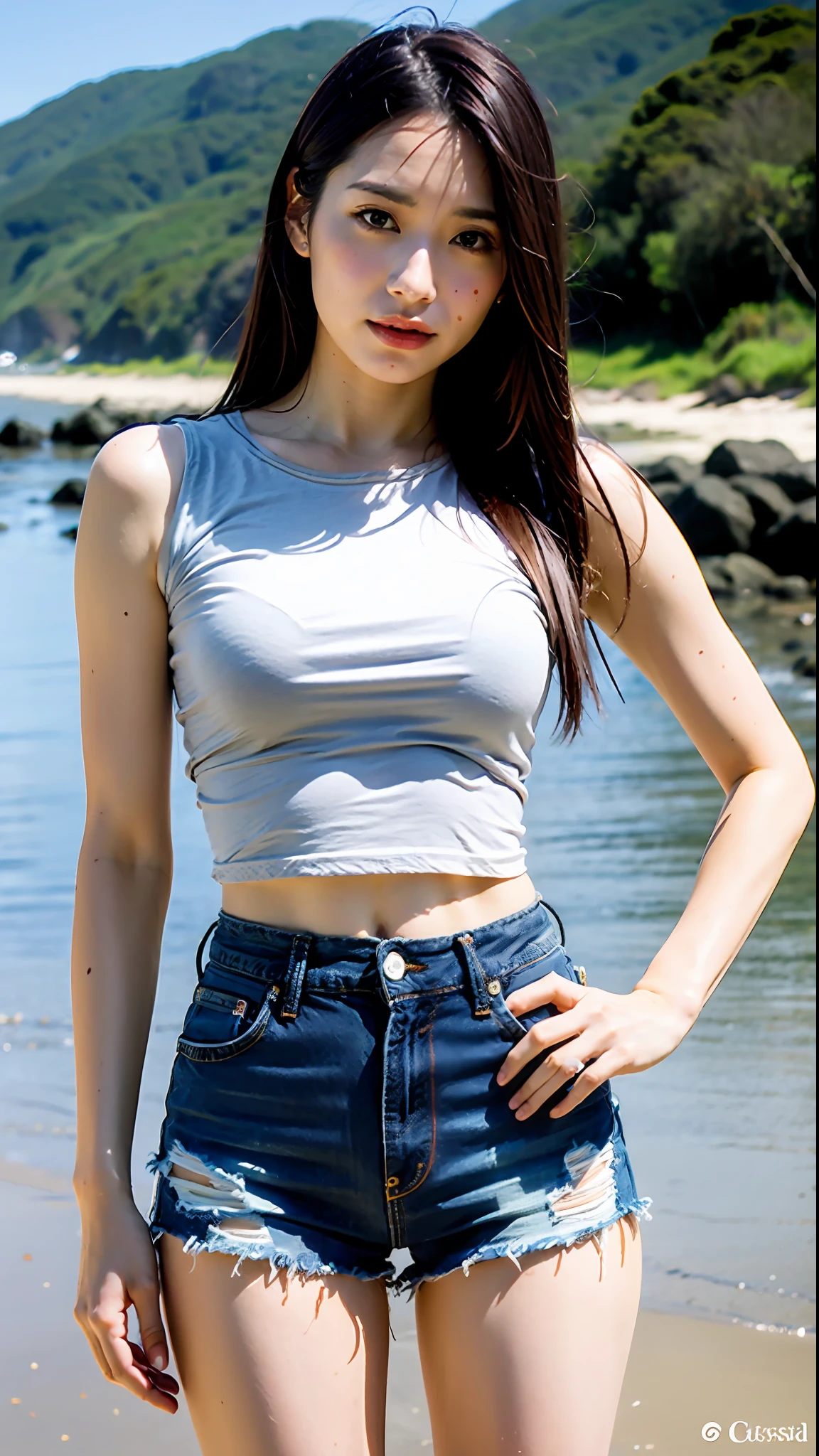 obra-prima, melhor qualidade, retrato de Orihime Inoue em seus 20 anos, solo, olhos castanhos, top de corte cinza, shorts jeans, joias, nice hands on the hips, fundo de praia
