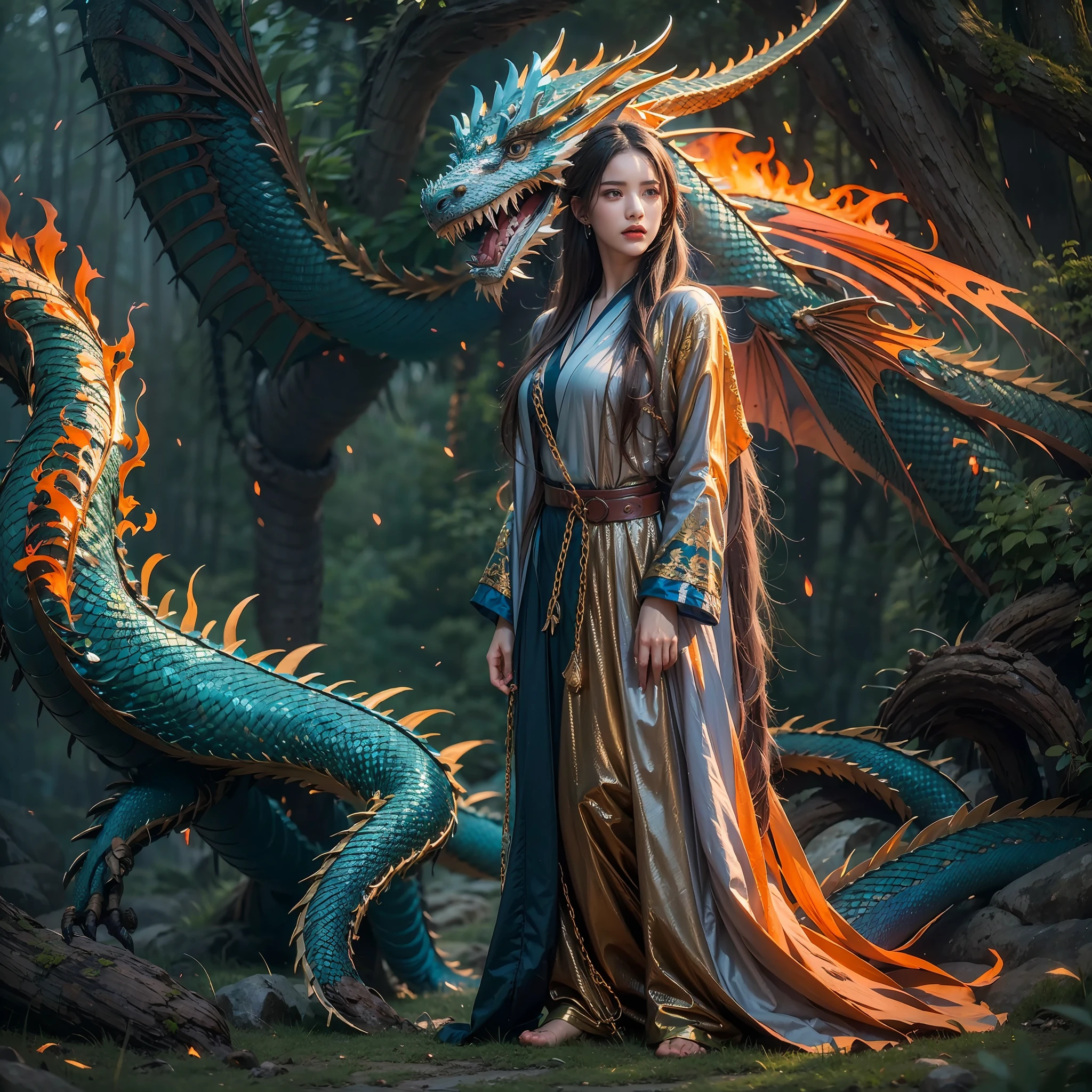 A beautiful girl with a rainbow dragon, ((girl wearing a long robe)), (wearing chain mail: 1.4), (long cloth pants: 1.2), (chain mail with dragon scale patterns), perfect facial features, delicate face, long hair, graceful, wisdom, courage, rainbow dragon, scales, horns, flames, wings, dragon claws, dragon protecting the girl, background for ancient forest, mysterious connection, protection, trust, realistic quality, realism, 8k, best quality, masterpiece, cinematic quality, high chiaroscuro, octane rendering