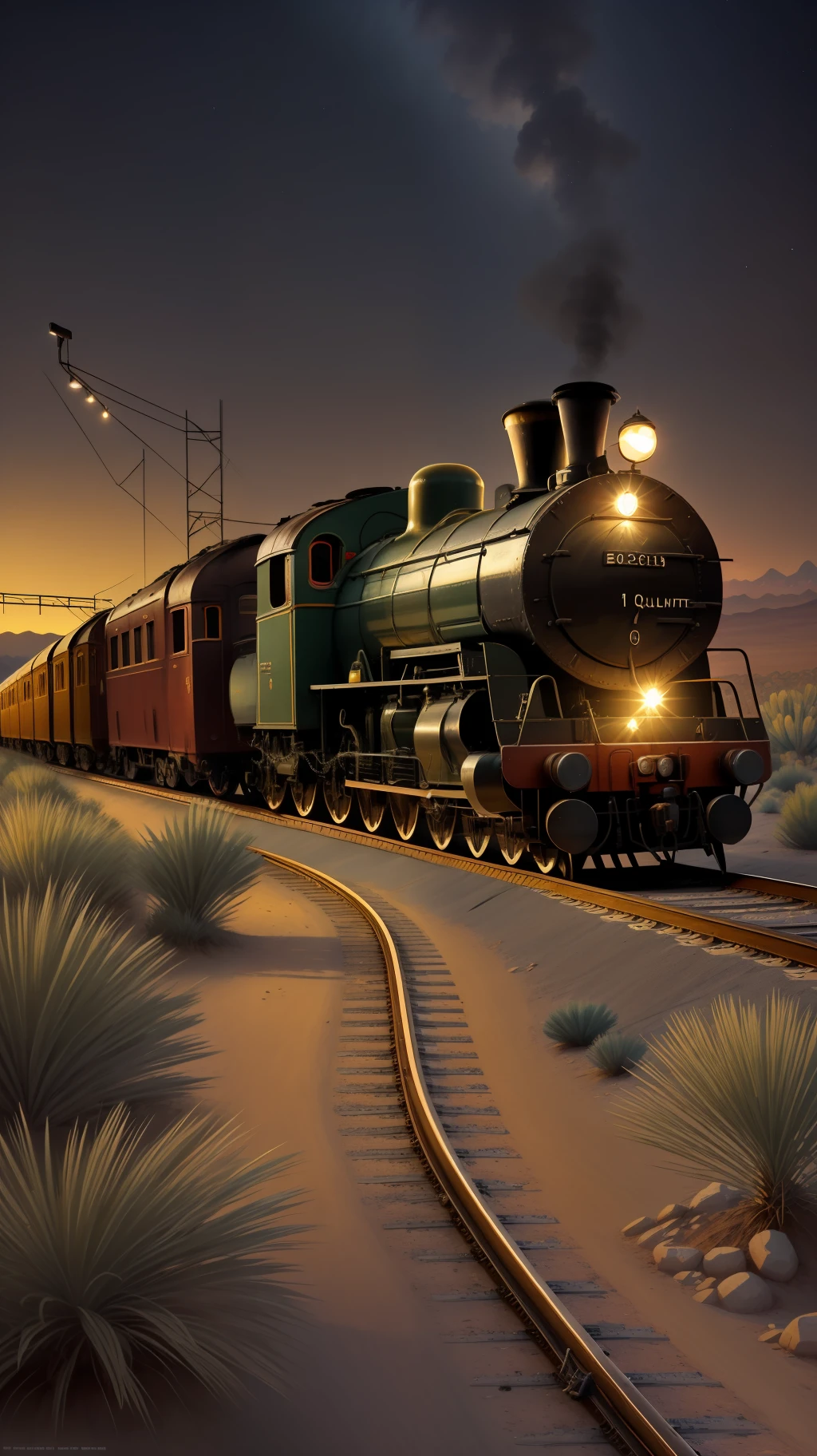 (high qulity)Vintage trains(Turn on the lights)A desert,nigth
