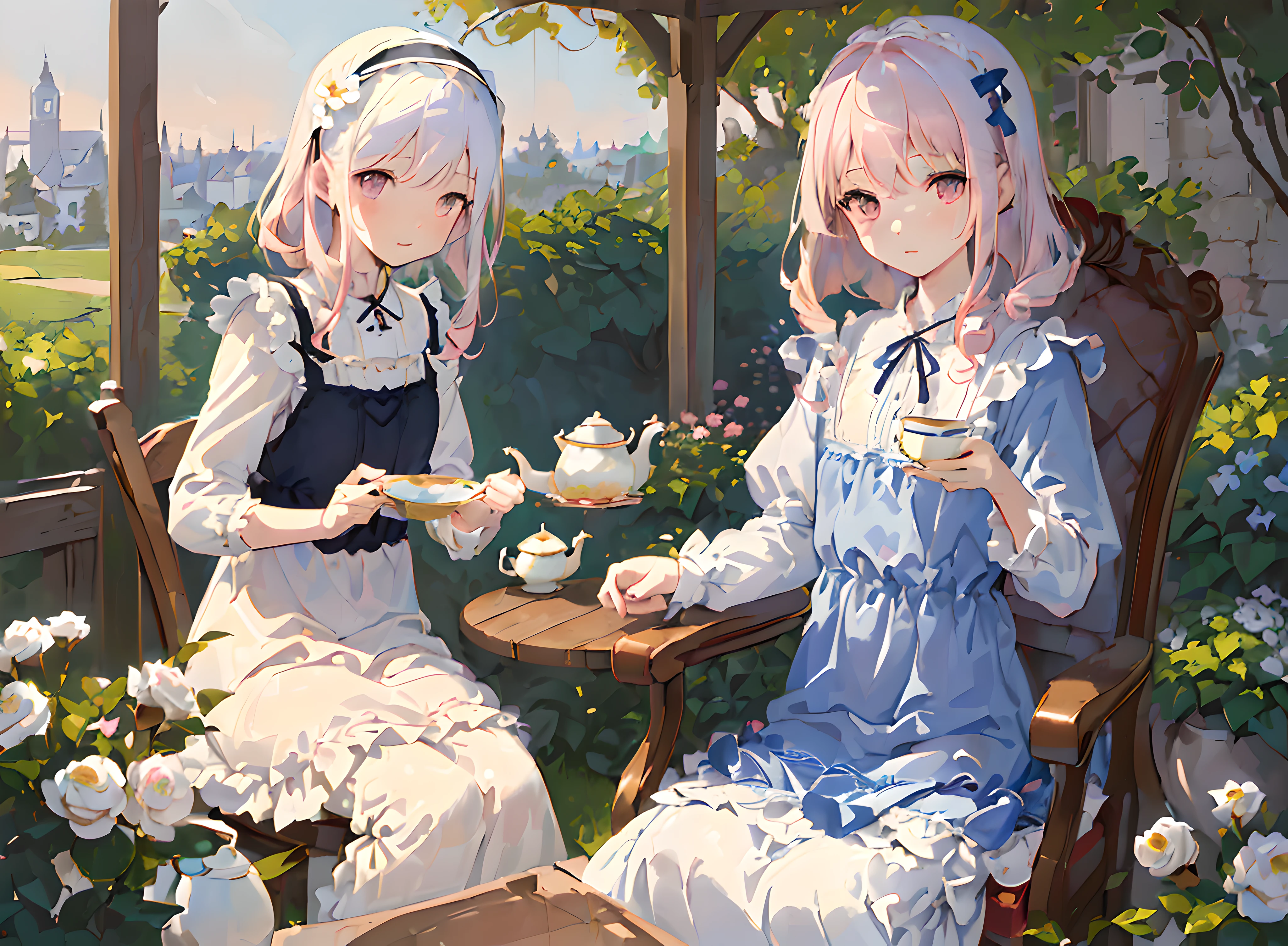 (Masterpiece, Best quality:1.3), ((illustration), Detailed eyes, Detailed face, ((still-life)), ((1 Charming pink-haired girl)), ((Peaceful)), Small chest, (nightdress), Golden eyes, Curly hair, (blanket), Blue pattern, ((soft)), (mid afternoon), ((chair)), Garden view, teapot, Cupcakes