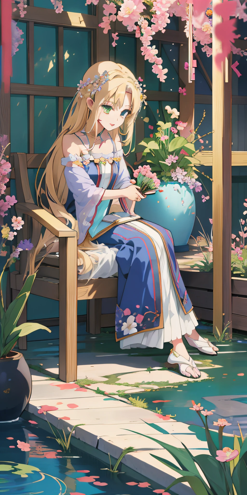 Anime girl sitting on chair with flower pot in hand, cute anime huaifu in beautiful clothes, beautiful and seductive anime woman, epic light novel art cover, 8k high quality detail art, epic light novel cover art, beautiful anime girl, beautiful anime woman, detailed key anime art, seductive anime girl, anime goddess, beautiful fantasy anime, 4K