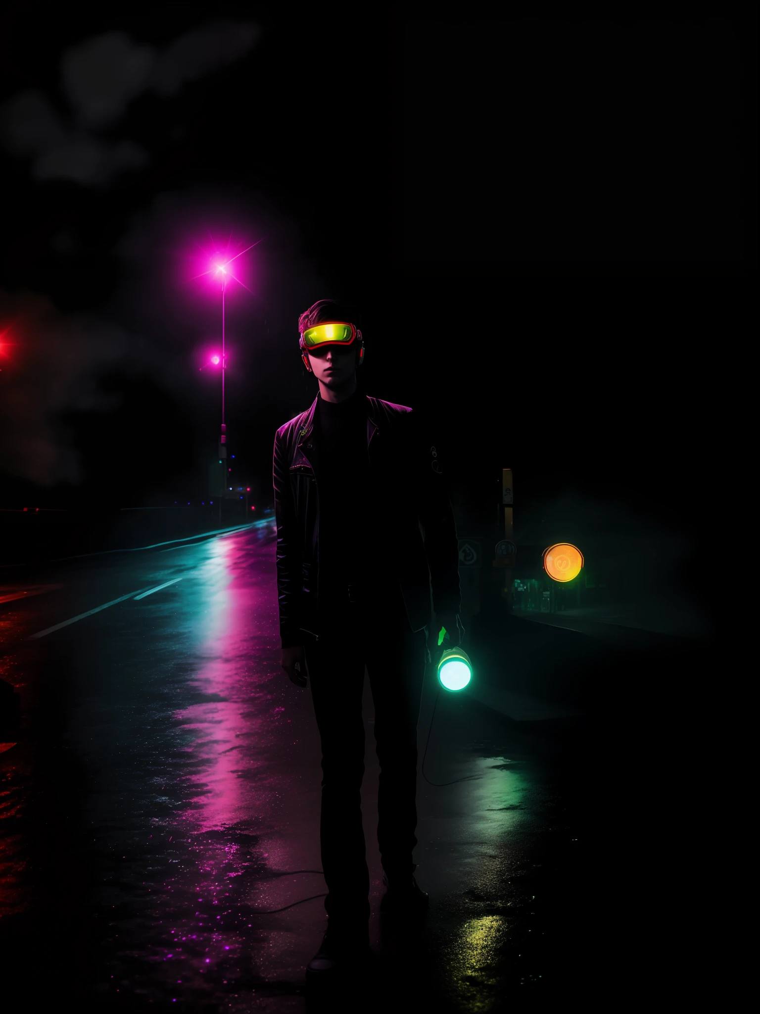 An award winning master piece photo of a cyborg man with psychedelic colors standing in a city street at night in the rain, wearing neon-colored glowing goggles, 8k, (high quality:1.1), (cinematic feeling:1.1), dark deep shadows, incredibly intricate detailing, art , (up close:1.1), from above, looking at viewer, (light sparkles:1.1), (chromatic aberration,:1.2) background with floating light artifacts