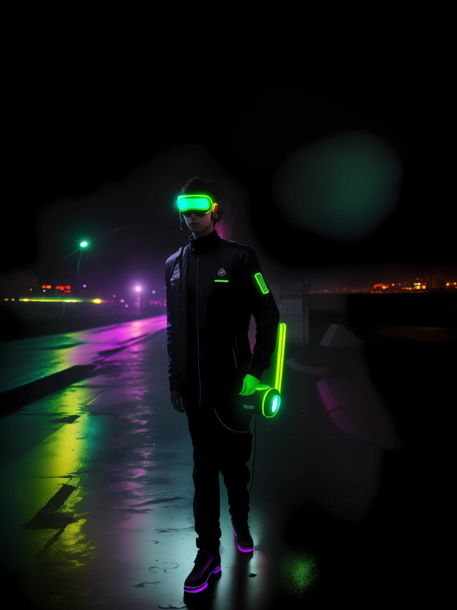 An award winning master piece photo of a cyborg man with psychedelic colors standing in a city street at night in the rain, wearing neon-colored glowing goggles, 8k, (high quality:1.1), (cinematic feeling:1.1), dark deep shadows, incredibly intricate detailing, art , (up close:1.1), from above, looking at viewer, (light sparkles:1.1), (chromatic aberration,:1.2) background with floating light artifacts