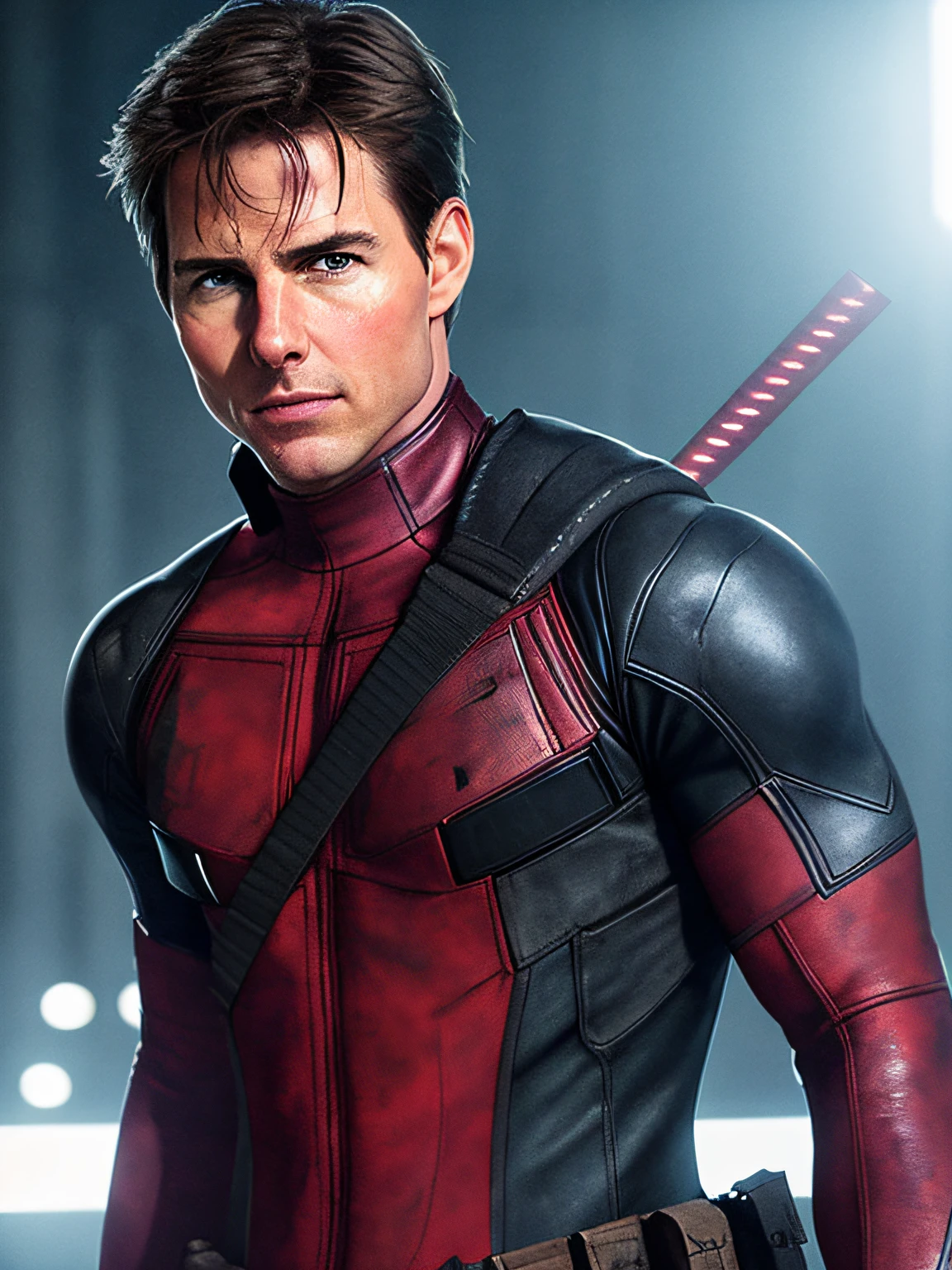 tom cruise as deadpool, cinematic, hyperrealistic, photo, skin detailed, hdr, cinematography, night