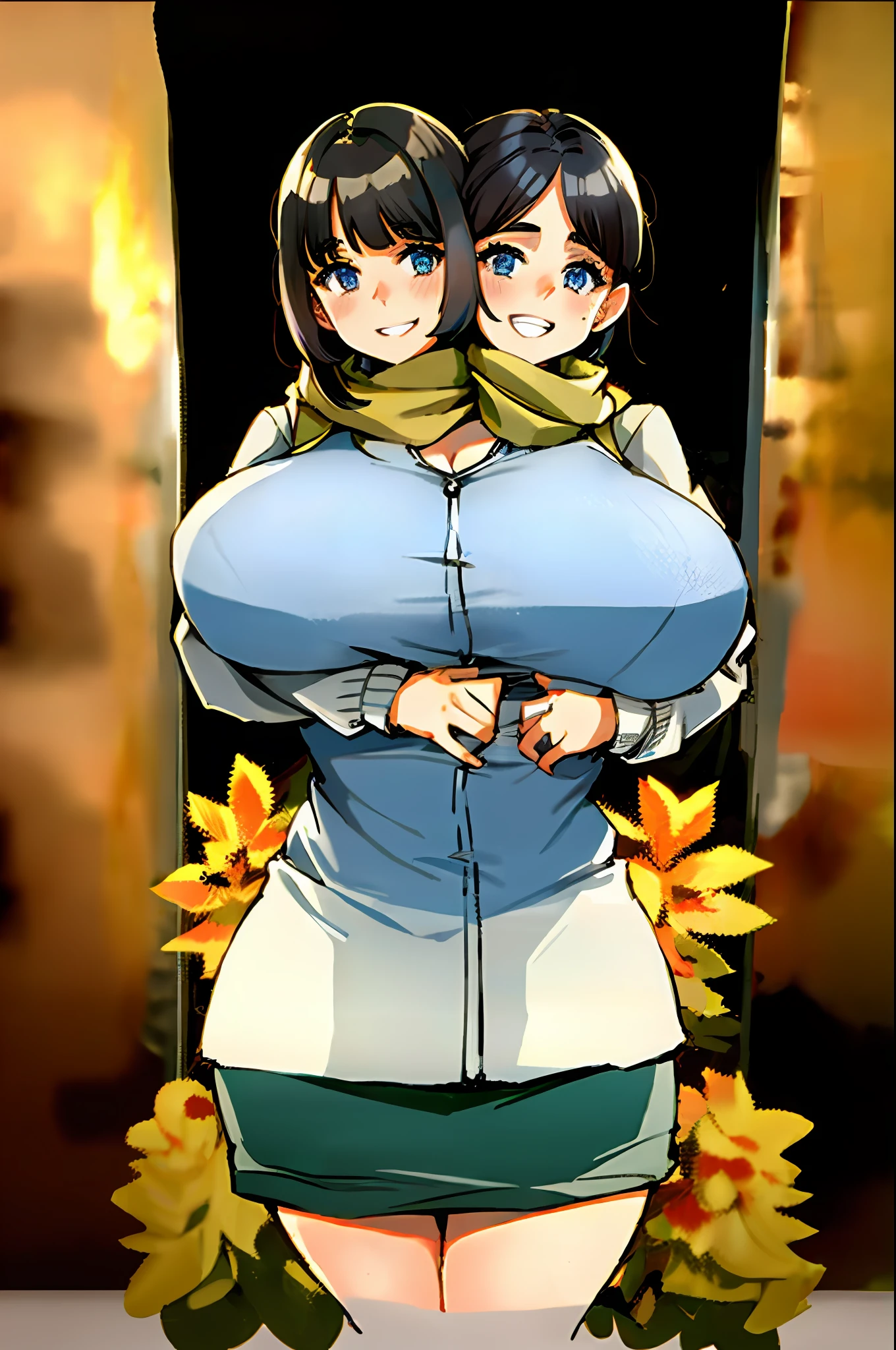 2heads, a short chubby woman with 2 heads. She has enormous breasts. She is outside in the autumn. She is wearing a jacket and scarf. She has massive breasts. She looks very happy. She looks cold. She has massive breasts.