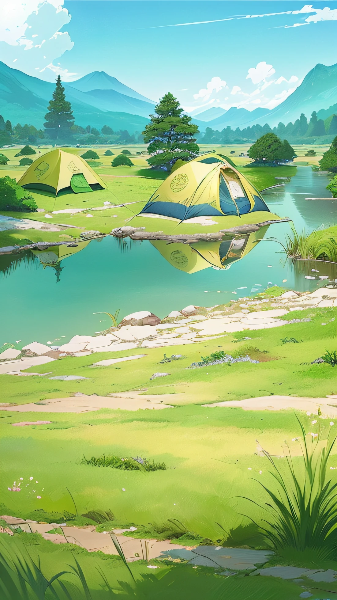 There are many tents sitting on the grass by the water, yuru camp, anime yuru camp, Anime landscape concept art, anime countryside landscape, Anime background art, arte de fundo, Anime landscape, Anime landscapes, background artwork, anime backgrounds, Relaxing concept art, beautiful anime scenery, environment design illustration, landscape artwork, anime landscape wallpapers, Mobile game background