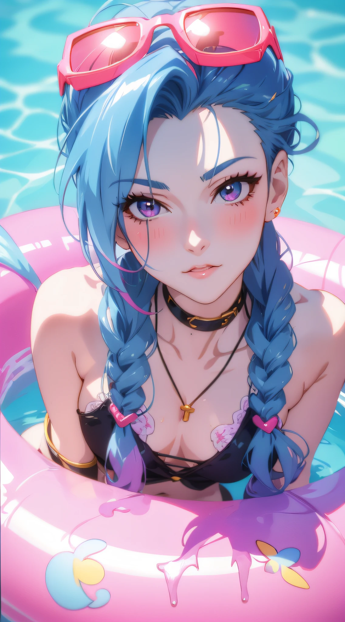 Anime girl with blue hair and pink sunglasses sitting in pool, Guviz-style artwork, style of anime4 K, Anime style. 8K, Extremely detailed Artgerm, IG model | Art germ, anime styled digital art, Deviantart ArtStation CGSCOSIETY, ! Dream art germ, Detailed digital anime art, realistic anime artstyle