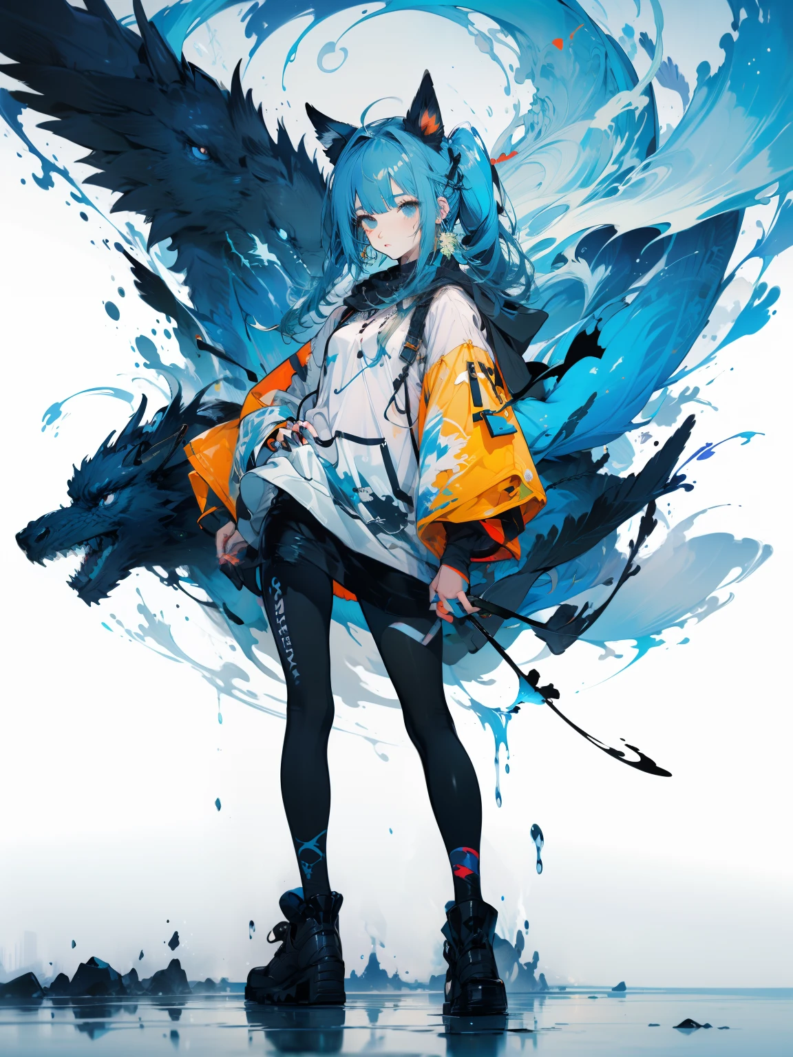 Blue-haired side ponytail,Design clothing,Seven-doppelganger shot,Anime style 4K,Anime girl with teal hair,High quality anime art style,Standing painting,Splash ink background,Blue Themes。