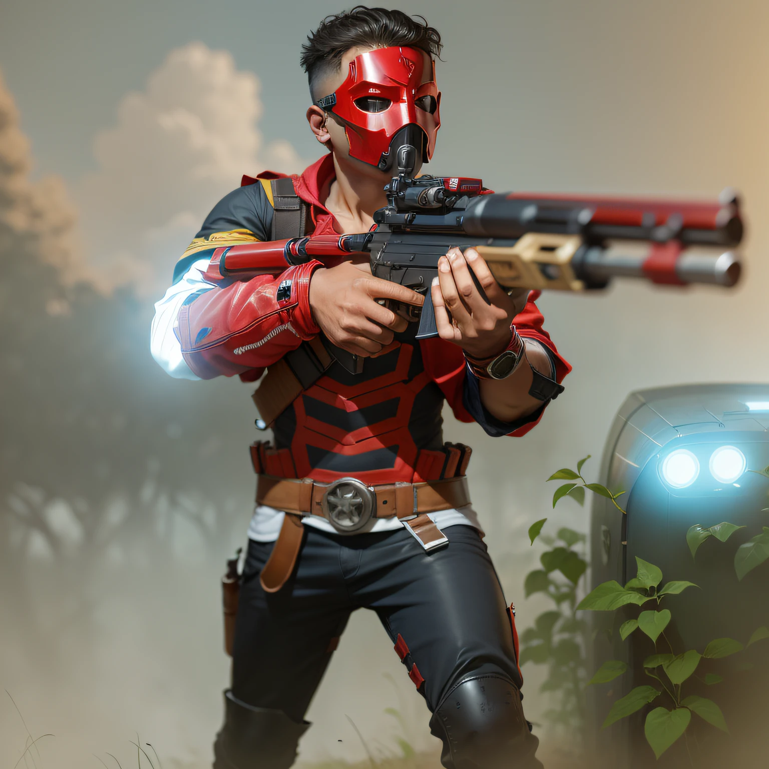 menino, wearing a red mask, holding a shotgun in his hands.