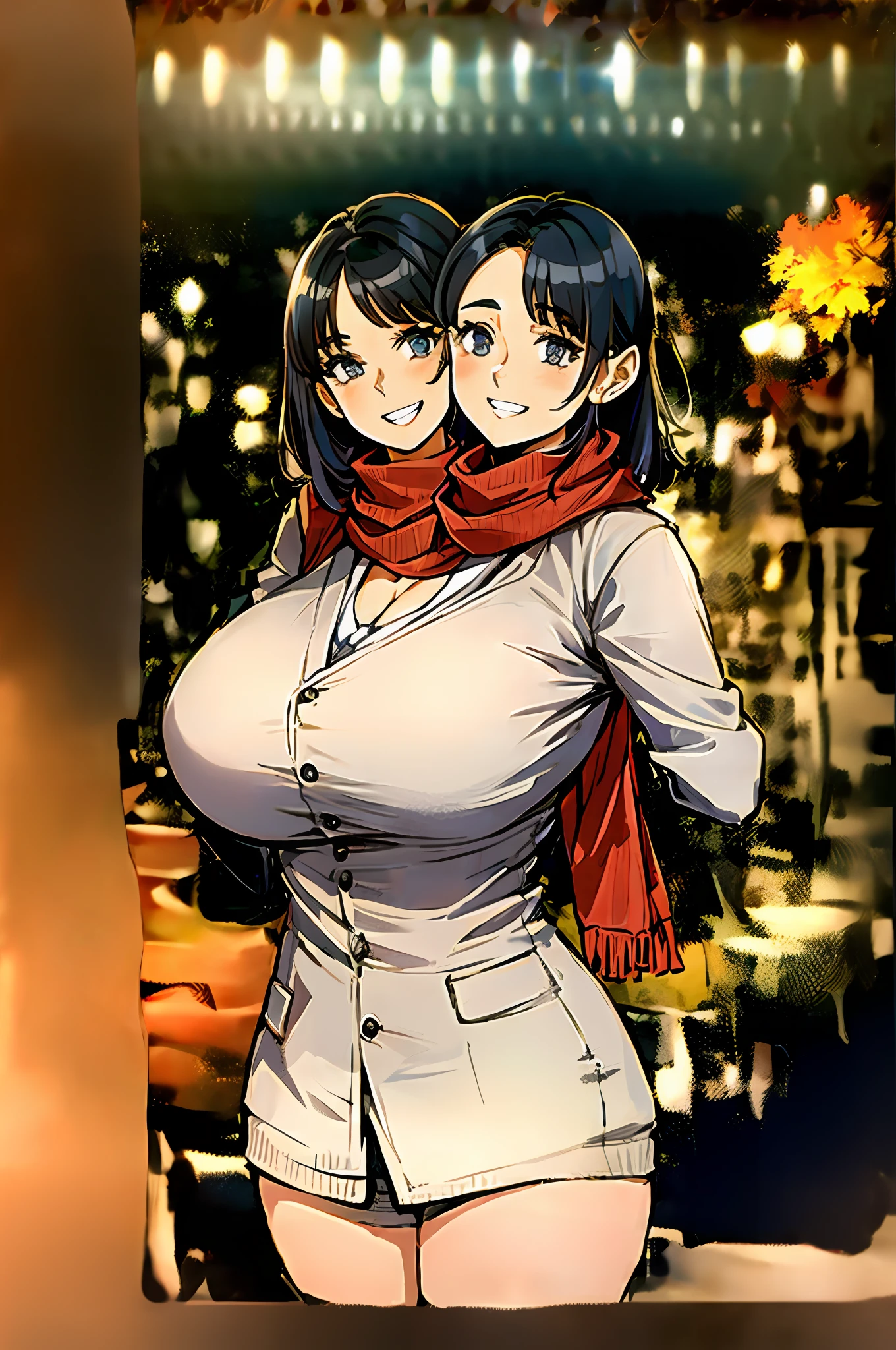 2heads, a short chubby woman with 2 heads. She has enormous breasts. She is outside in the autumn. She is wearing a jacket and scarf. She has massive breasts. She looks very happy. She looks cold. She has massive breasts.