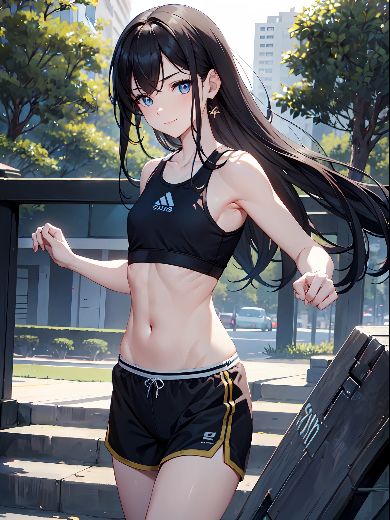 1girl, (solo:1.2), ((masterpiece)), slim, small chest, pale skin, ((detailed eyes)), (bokeh effect), sweats, (dynamic angle), jogging, black hair, long hair, sports bra, midriff, bare shoulders, armpits, (exterior), smile, park, athletics, athletes, blue eyes