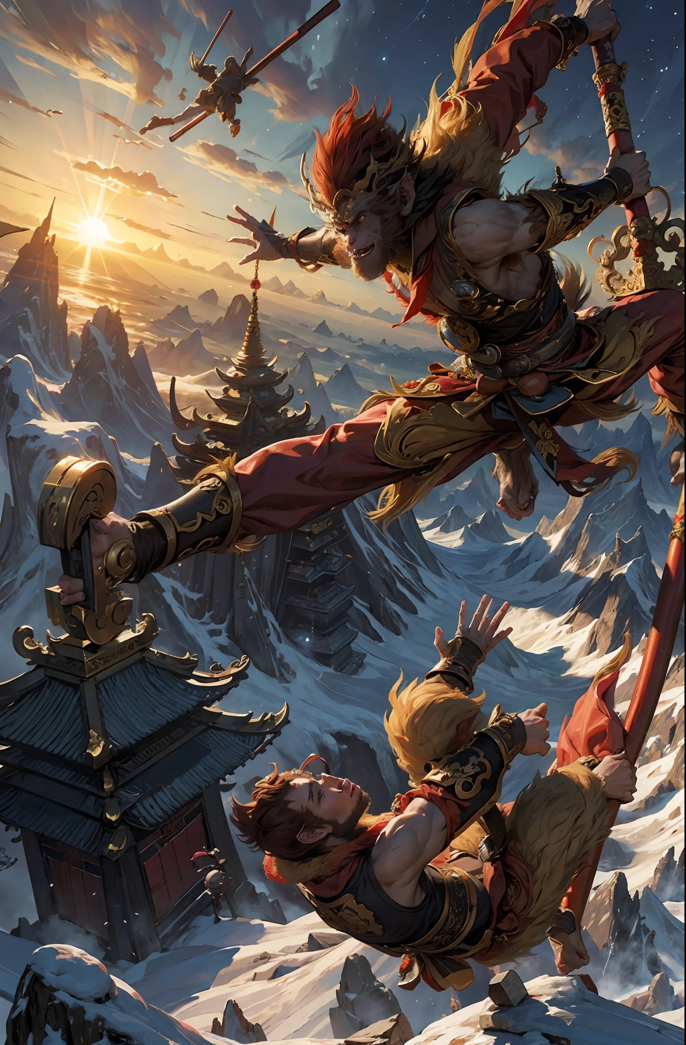 (highres:1.4),official art, unity 8k wallpaper, ultra detailed, beautiful and aesthetic, masterpiece, best quality, realistic, (fractal art), epic scene, highres, (masterpiece), (best quality), pov from above, Sun Wukong, ([golden:red]:0.4) fur, ([heavy Chinese armor:red cape]:0.4), (one hand holding the Golden Cudgel:1.2), ([monkey king|Sun Wukong]) stomp on ground ready to fly to the top of an ancient Chinese temple ready to battle, tall ancient Chinese temple, night, night sky, (cracked ground:1.2), feet on ground, monkey walking on ground, snow and cloud on the horizon, 
flying,