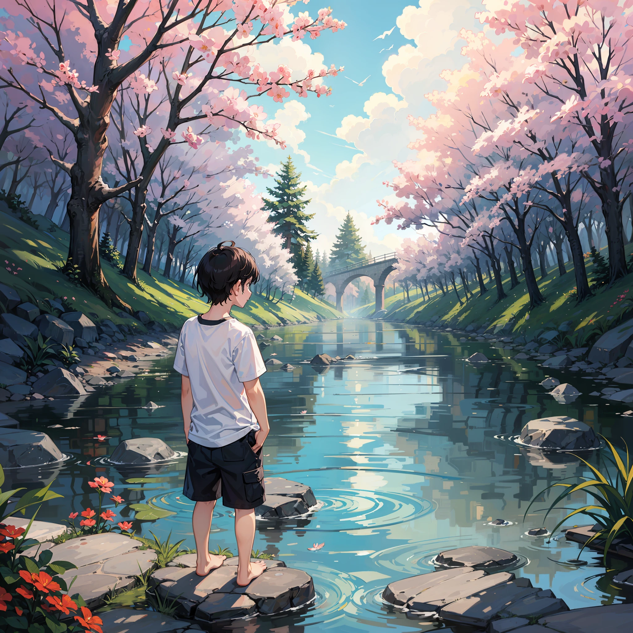 An 8-year-old boy stands in the river,Bend over and bow your head,Shota,slightly fat big breasts,White top,blue short pants,Messy bangs,Shota,Barefoot,sludgy,Dirty。and the sun was shining brightly,quadratic element,A high resolution,Best Masterpiece,Be red in the face,Rustic,mid day