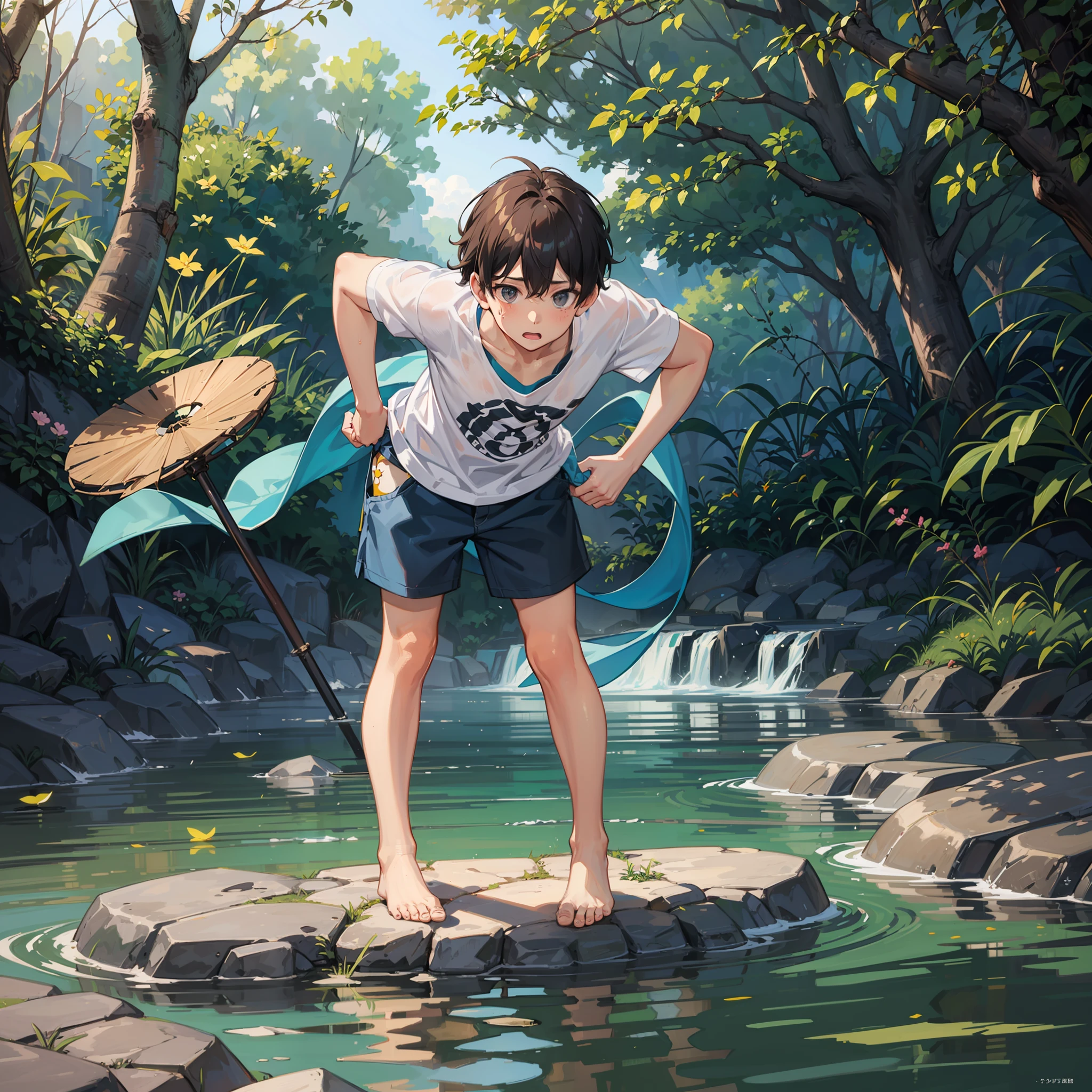 An 8-year-old boy stands in the river,Bend over and bow your head,Shota,slightly fat big breasts,White top,blue short pants,Messy bangs,Shota,Barefoot,sludgy,Dirty。and the sun was shining brightly,quadratic element,A high resolution,Best Masterpiece,Be red in the face,Rustic,mid day